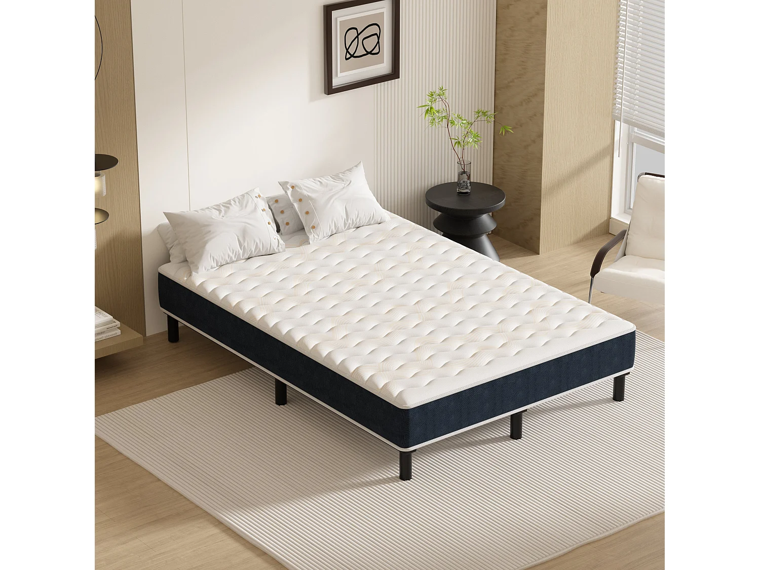 Combinaison lit matelas 140x200 cm, Matelas a mousse+ Cadre de Lit en Fer, Comprenant 9 pieds,