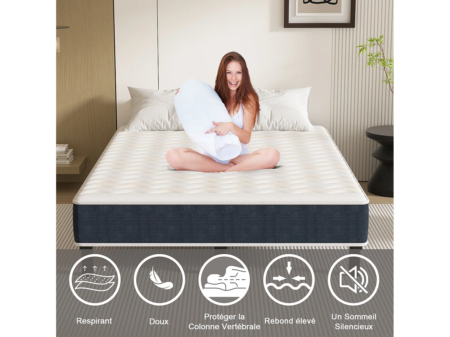 Combinaison lit matelas 140x200 cm, Matelas a mousse+ Cadre de Lit en Fer, Comprenant 9 pieds,