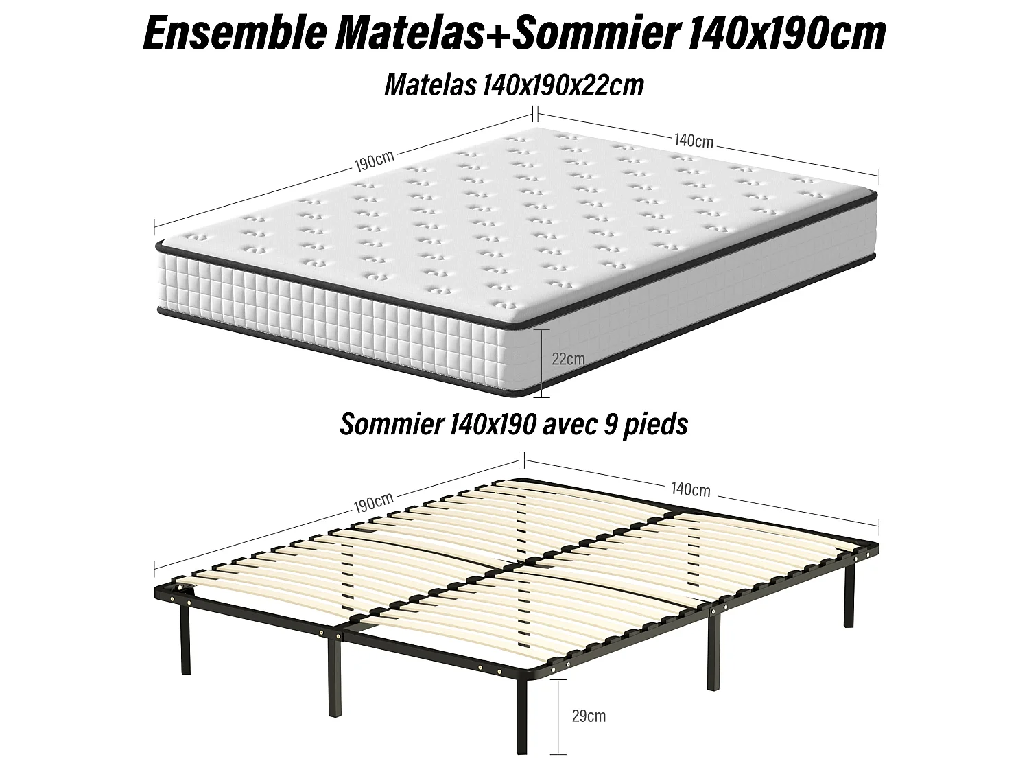 Ensemble Matelas en mousse + Sommier à Lattes 160x200cm, Epaisseur du Matelas 22cm