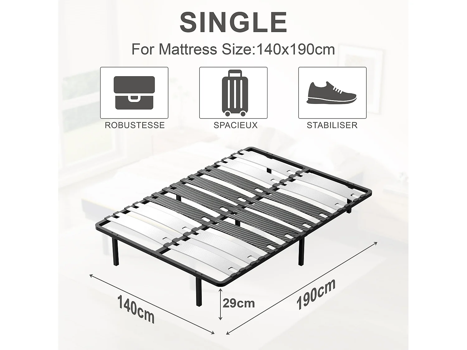 Set met tweepersoonsmatras van 17 cm dik schuim + lattenbodem met brede latten 140x190 cm