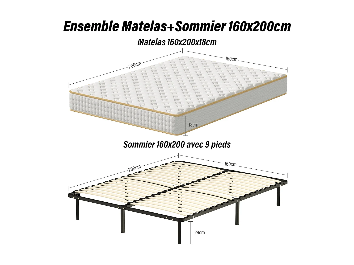 Ensemble Matelas en mousse + Sommier à Lattes 140x190cm, Epaisseur du Matelas 18 cm