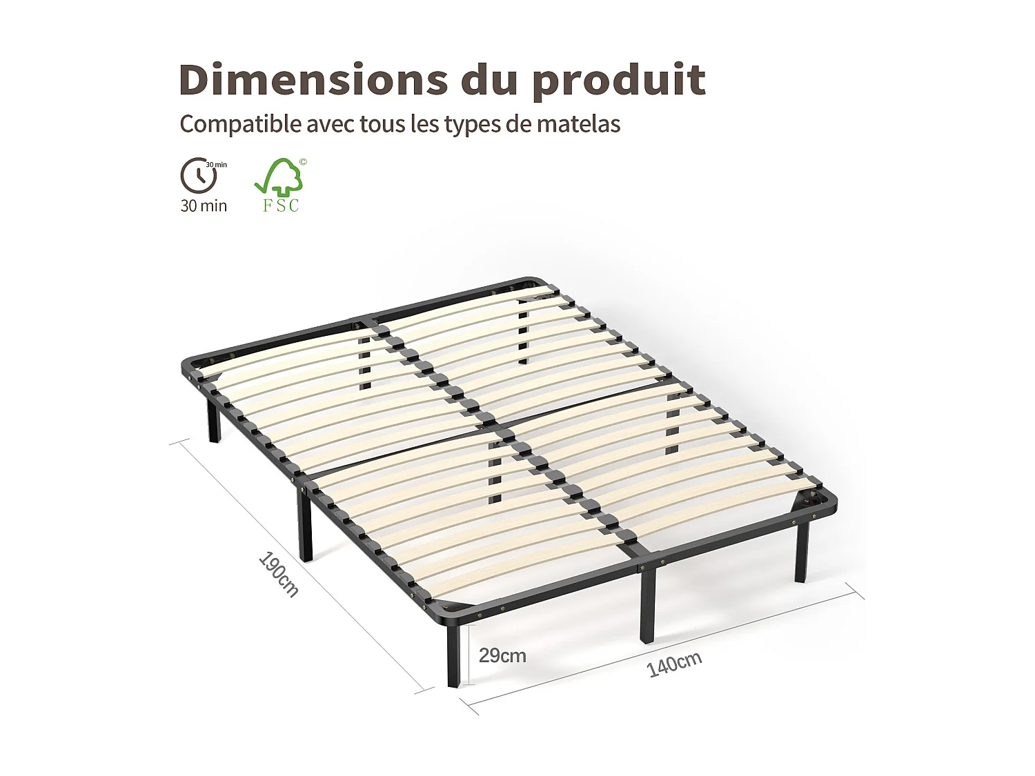 Ensemble Matelas en mousse + Sommier à Lattes 140x190cm, Epaisseur du Matelas 18 cm