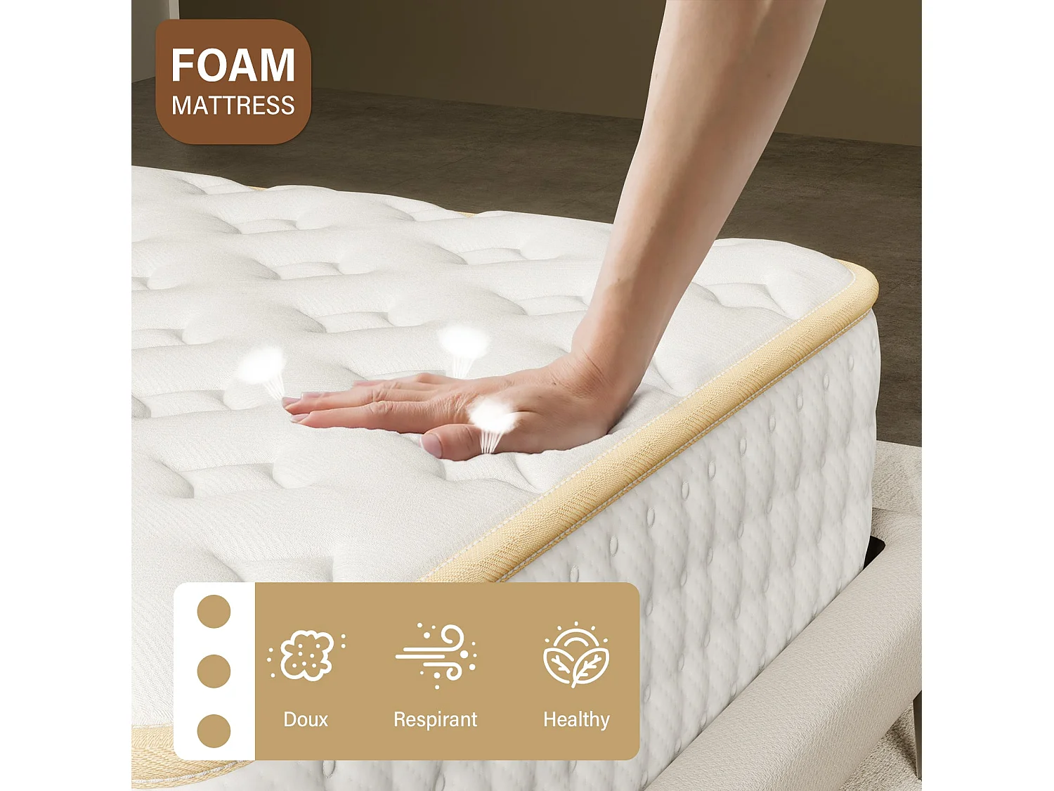 Ensemble Matelas en mousse + Cadre de lit Plateforme Capitonné 160x200cm, Epaisseur du Matelas 18cm