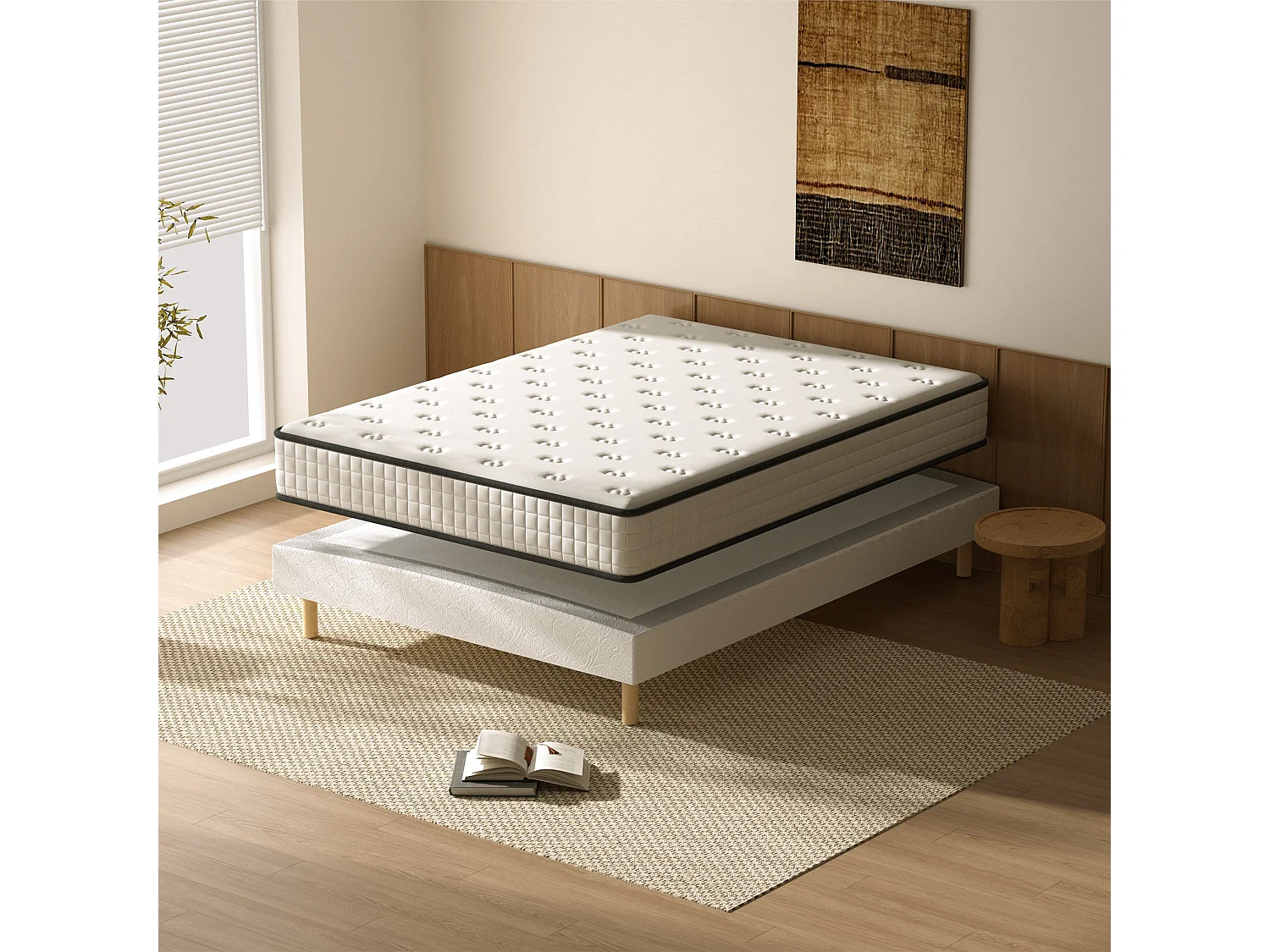 Ensemble Matelas en Mousse+ Lit Sommier Tapissier Déco 140x190cm, Epaisseur du Matelas 22cm