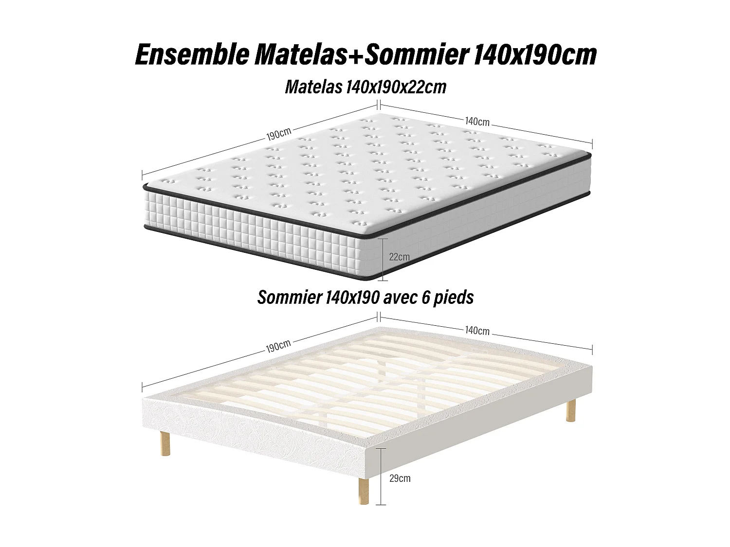 Ensemble Matelas en Mousse+ Lit Sommier Tapissier Déco 140x190cm, Epaisseur du Matelas 22cm