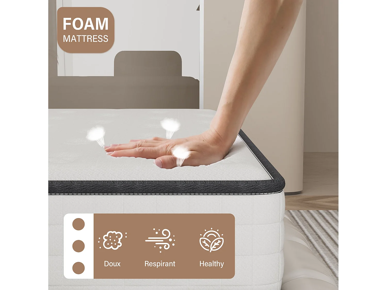 Ensemble Matelas en Mousse+ Lit Sommier Tapissier Déco 140x190cm, Epaisseur du Matelas 22cm