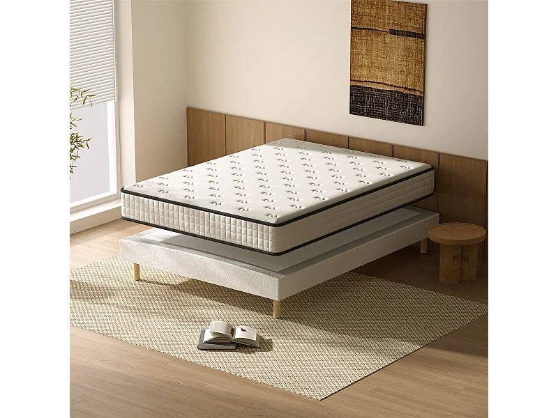 Ensemble Matelas en Mousse+ Lit Sommier Tapissier Déco 140x190cm, Epaisseur du Matelas 22cm