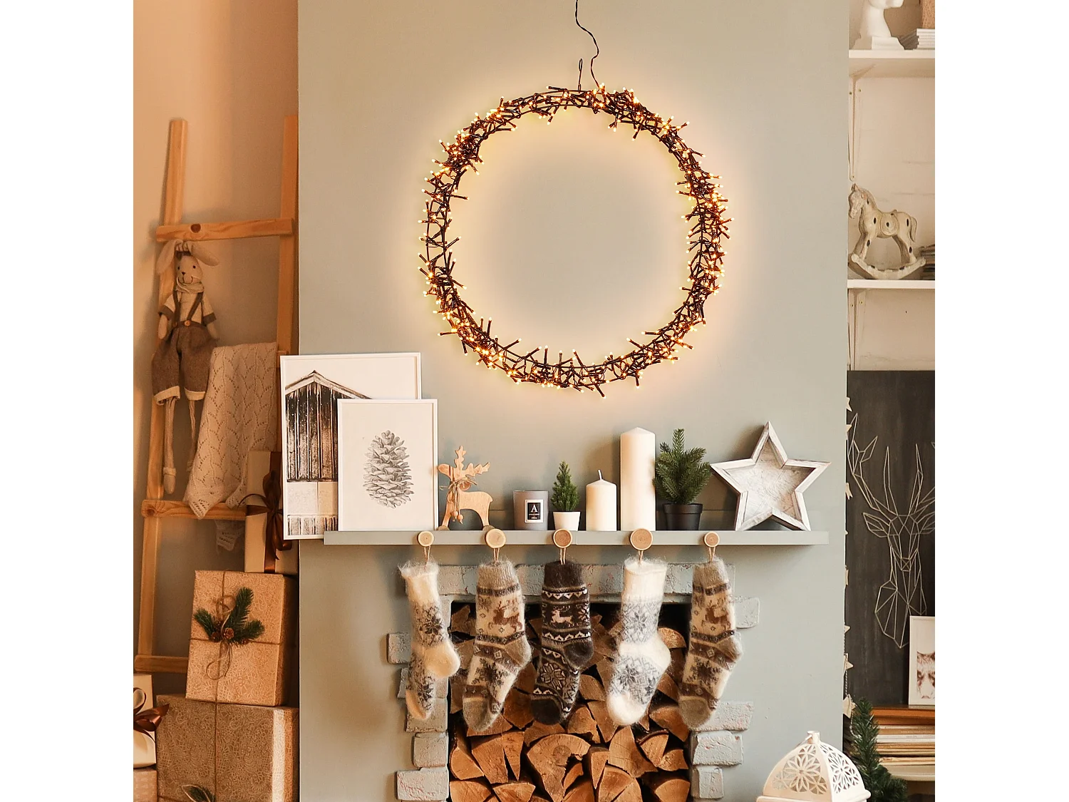 ECD Germany Ghirlanda luminosa rotonda LED Ø48 cm bianco caldo con 400 luci 8 modalità IP44 decorazione natalizia di luci per porta finestra ingresso