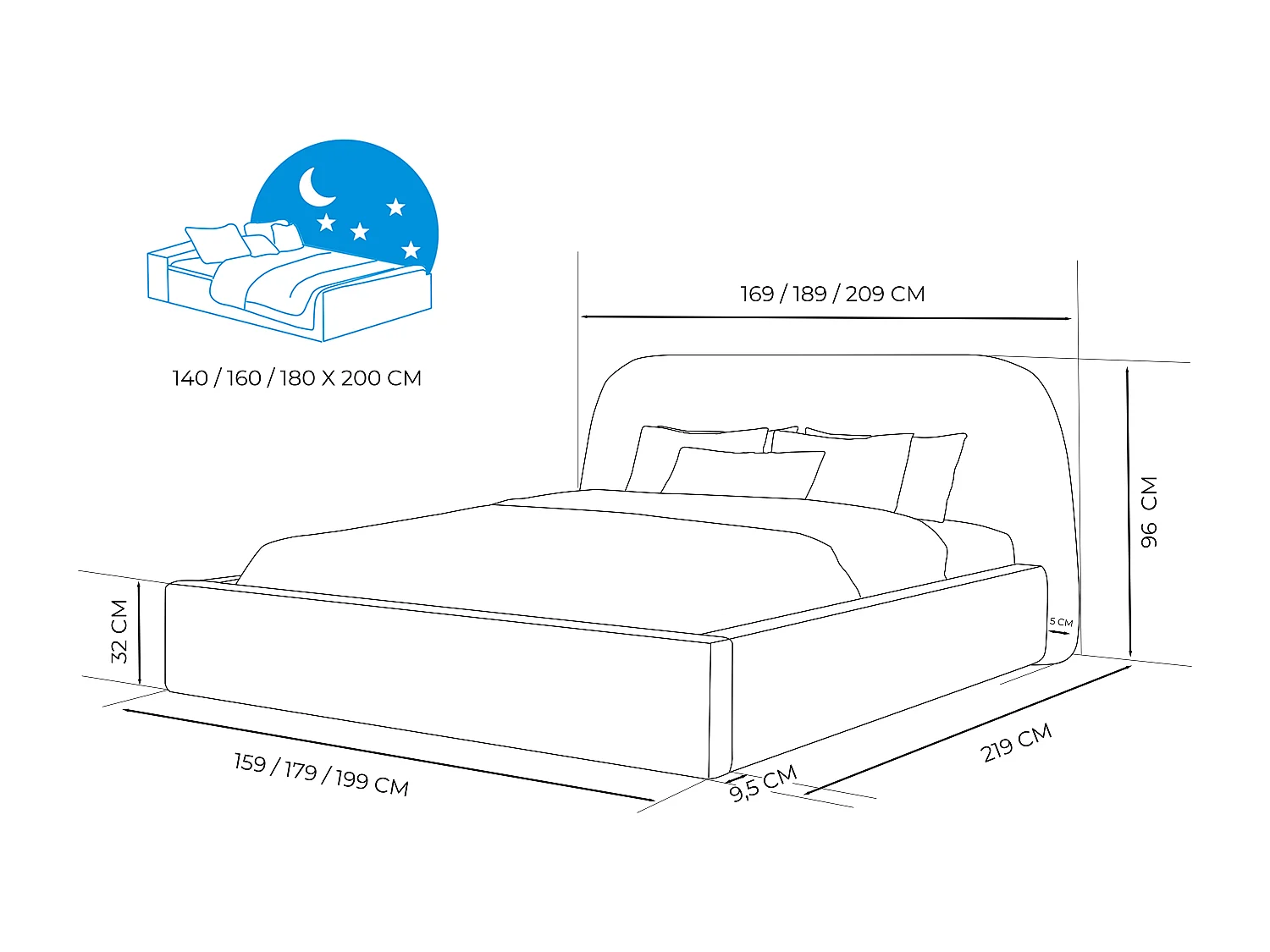 Lit tapissé CLOUD avec coffre de rangement pour la literie | 160x200 Gris anthracite