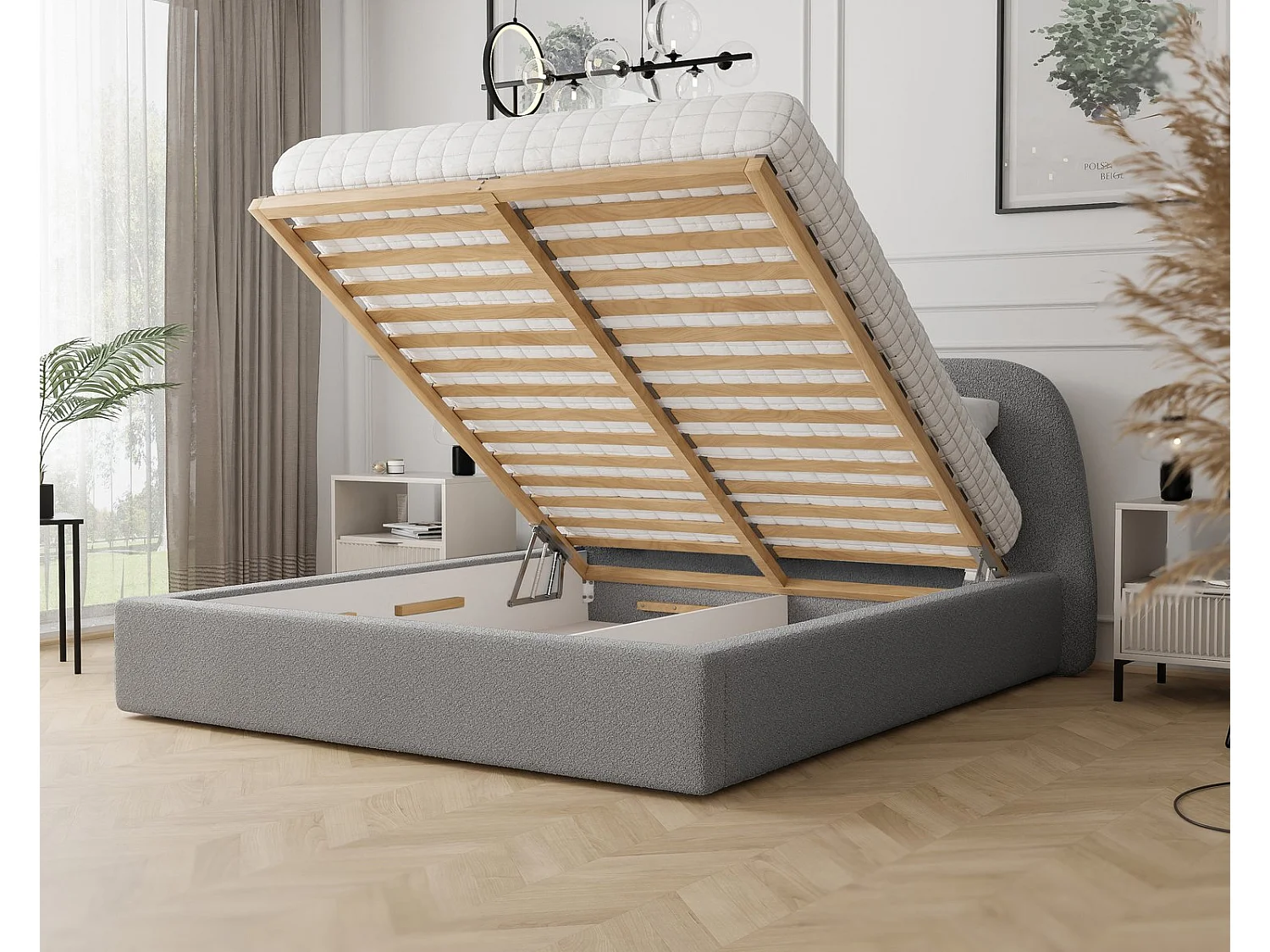 Lit tapissé CLOUD avec coffre de rangement pour la literie | 140x200 Gris