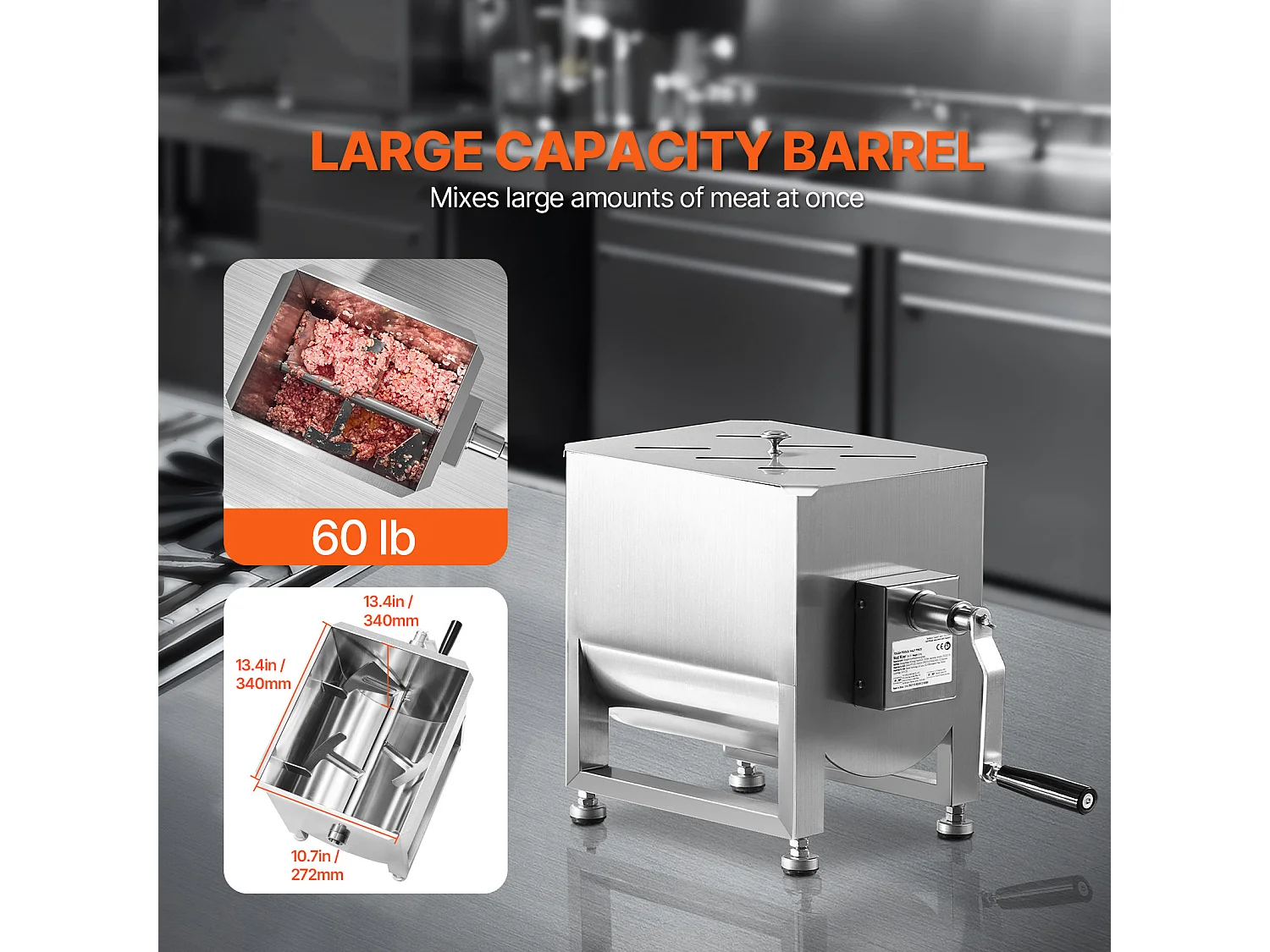 Mezclador de Carne Manual SucceBuy, 60 L para Carne Picada y Transformación, de Acero Inoxidable de Alta Calidad de Grado 201