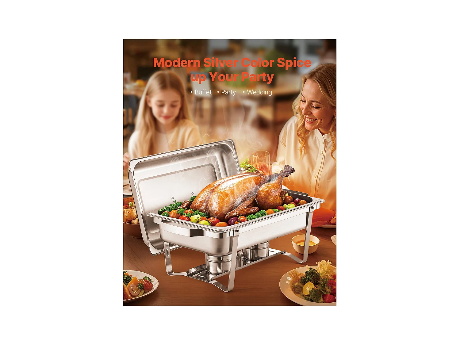 Speisenwärmer SucceBuy 4-teiliges, Rechteckiges Buffet-Chafing-Dish-Set (7.5 L) aus Edelstahl
