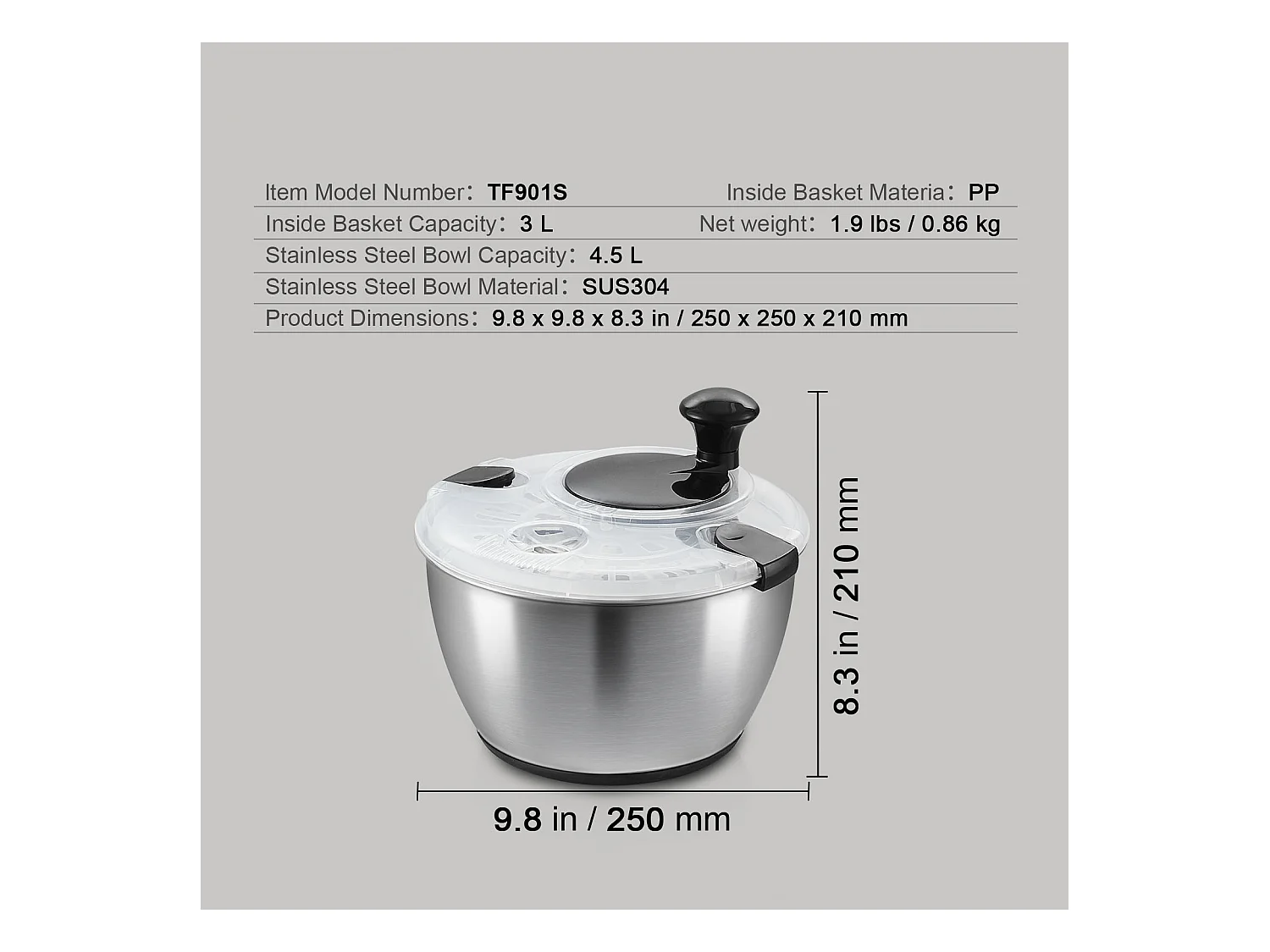 Wirówka do Sałaty, SucceBuy 4,5 L Wirówka do Sałaty ze Stali Nierdzewnej, Suszarka do Warzyw bez BPA