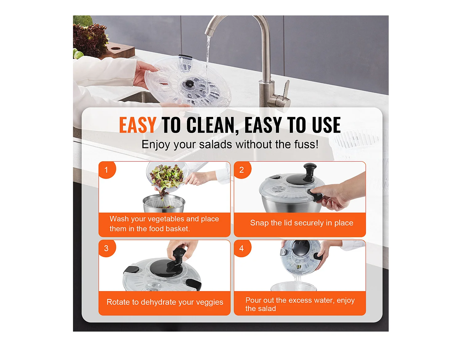 Wirówka do Sałaty, SucceBuy 4,5 L Wirówka do Sałaty ze Stali Nierdzewnej, Suszarka do Warzyw bez BPA