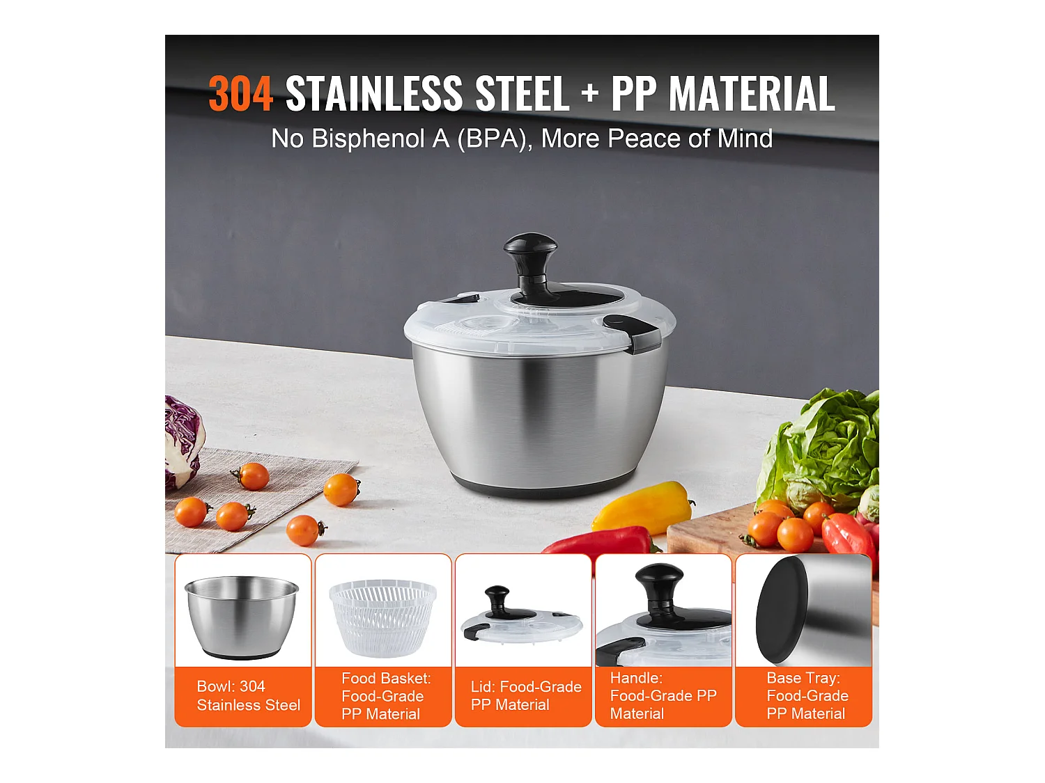 Wirówka do Sałaty, SucceBuy 4,5 L Wirówka do Sałaty ze Stali Nierdzewnej, Suszarka do Warzyw bez BPA