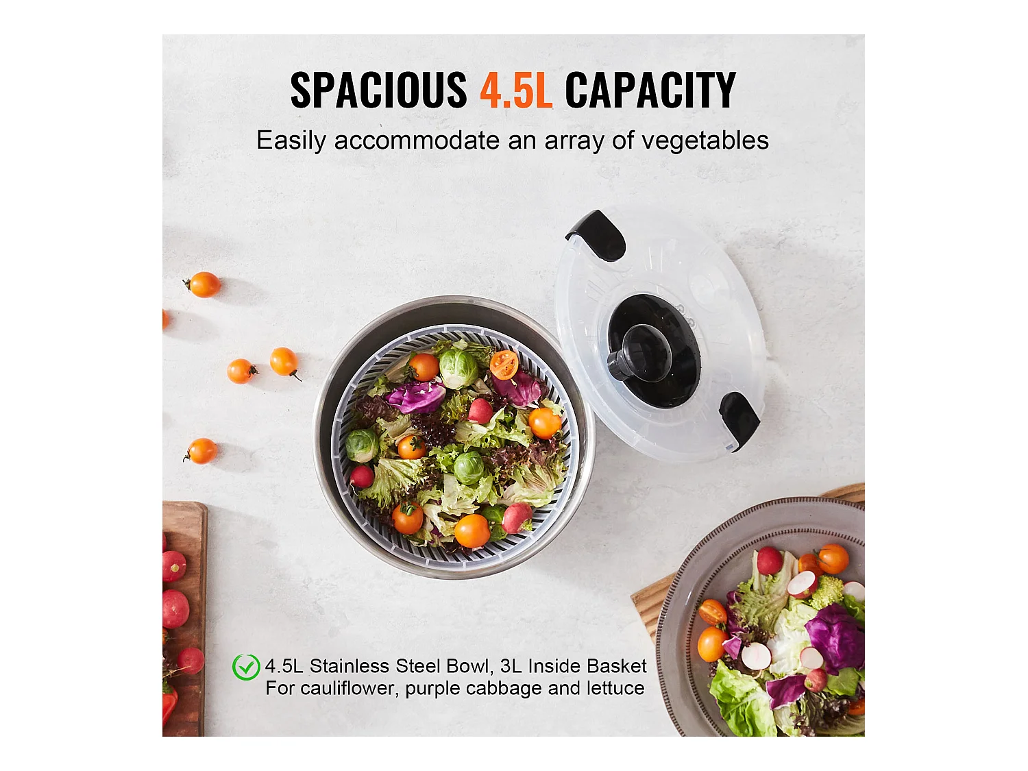 Wirówka do Sałaty, SucceBuy 4,5 L Wirówka do Sałaty ze Stali Nierdzewnej, Suszarka do Warzyw bez BPA