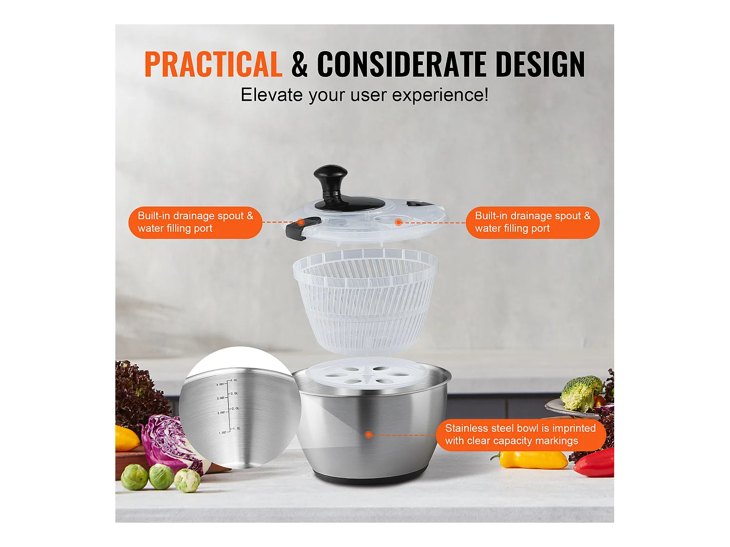 Wirówka do Sałaty, SucceBuy 4,5 L Wirówka do Sałaty ze Stali Nierdzewnej, Suszarka do Warzyw bez BPA