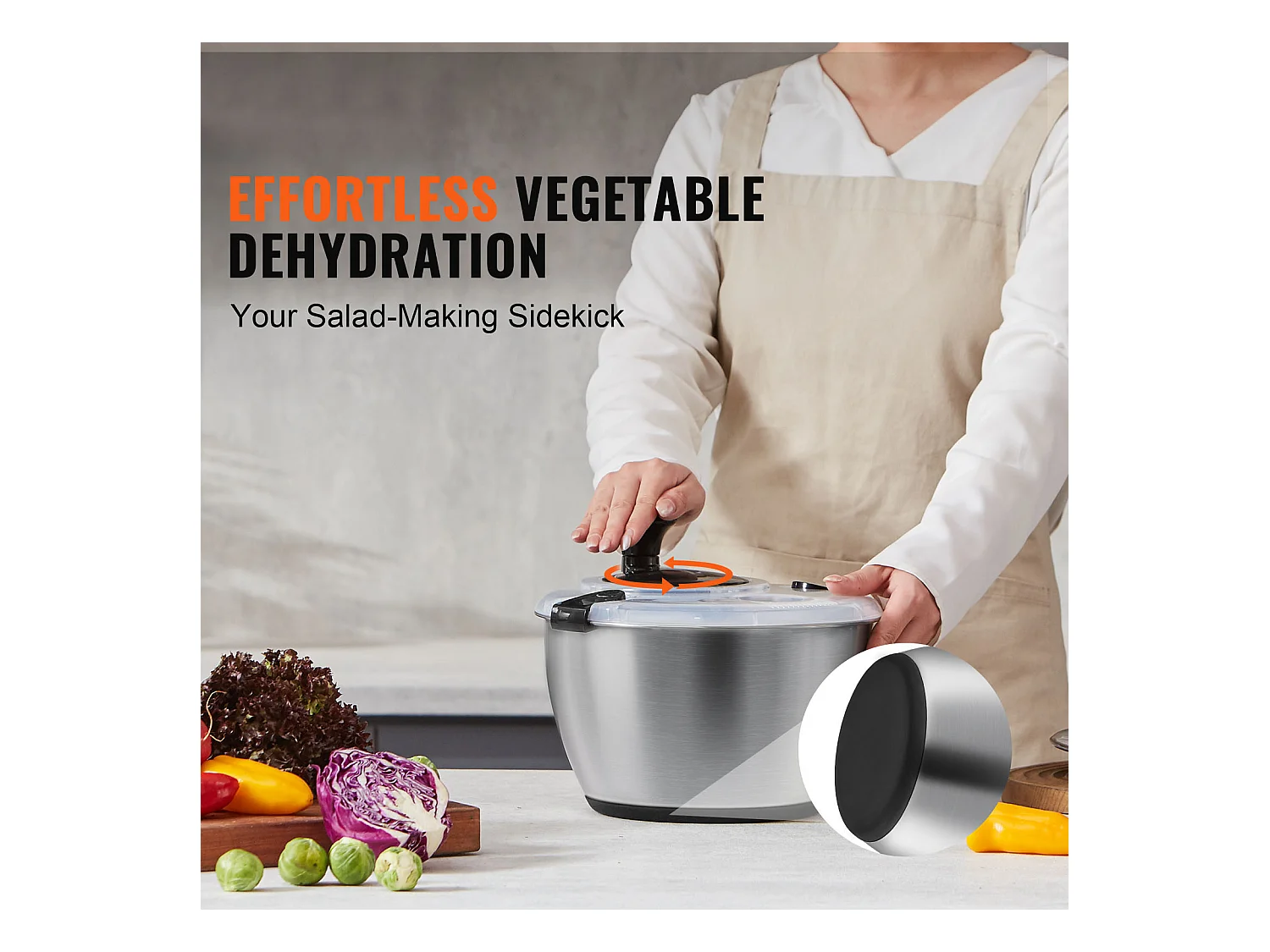 Essoreuse à Salade, SucceBuy Essoreuse à Salade en Acier Inoxydable 4,5 L, Séchoir à Légumes sans BPA