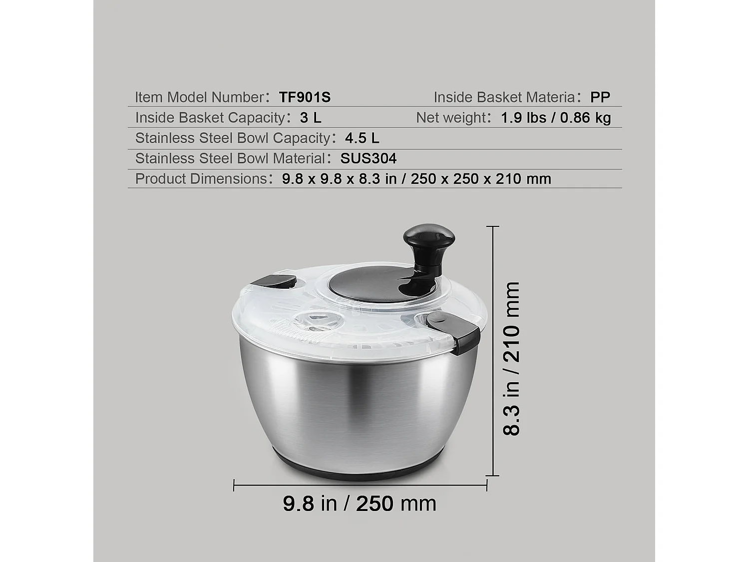 Essoreuse à Salade, SucceBuy Essoreuse à Salade en Acier Inoxydable 4,5 L, Séchoir à Légumes sans BPA