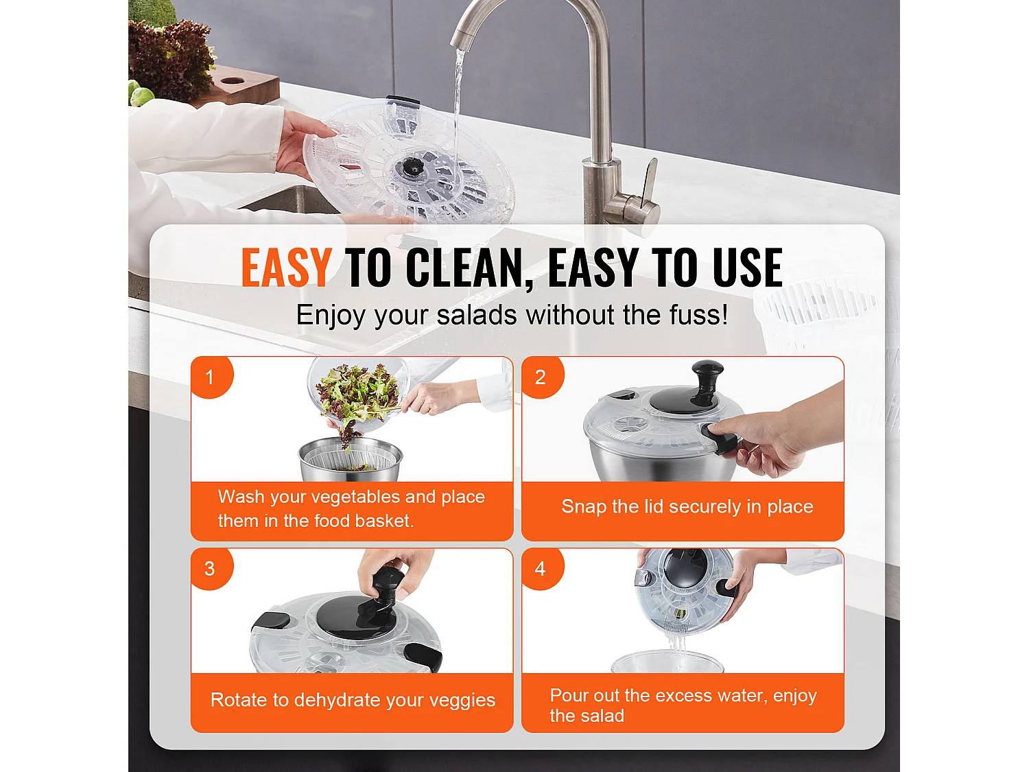 Essoreuse à Salade, SucceBuy Essoreuse à Salade en Acier Inoxydable 4,5 L, Séchoir à Légumes sans BPA