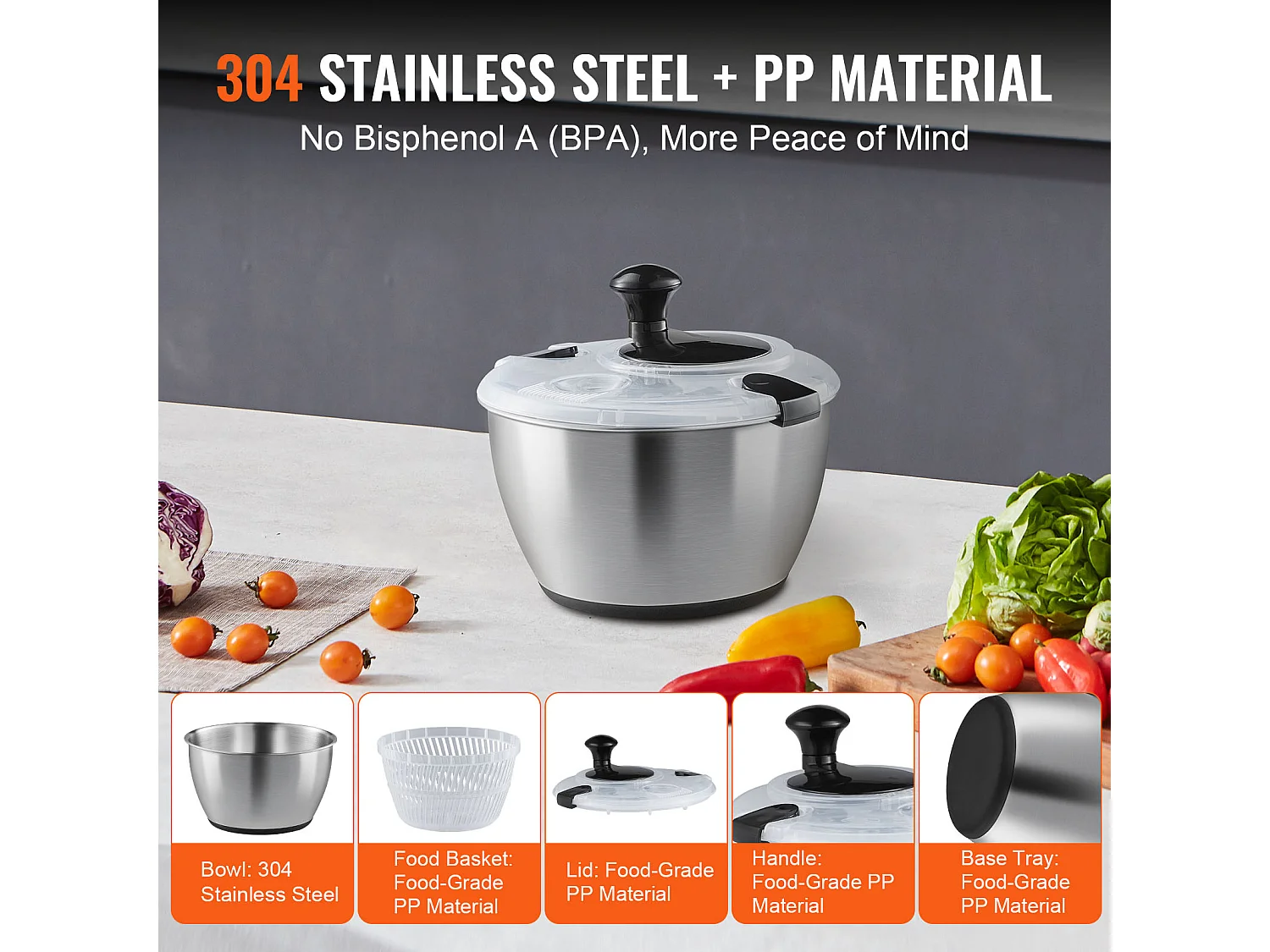 Essoreuse à Salade, SucceBuy Essoreuse à Salade en Acier Inoxydable 4,5 L, Séchoir à Légumes sans BPA