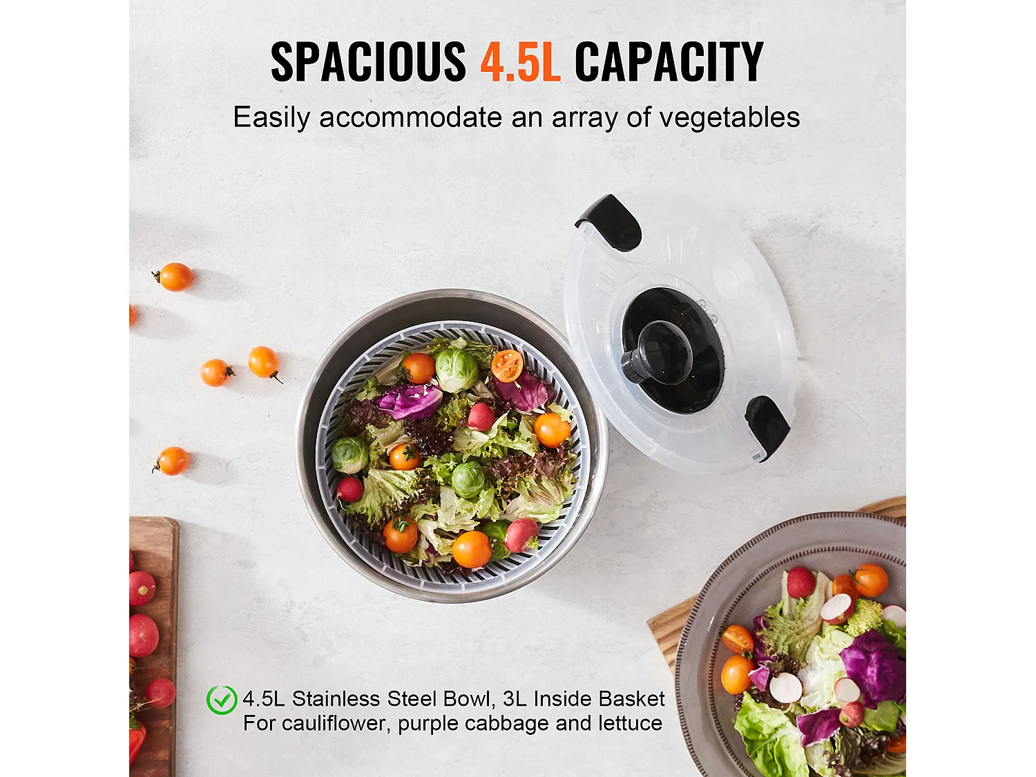 Essoreuse à Salade, SucceBuy Essoreuse à Salade en Acier Inoxydable 4,5 L, Séchoir à Légumes sans BPA