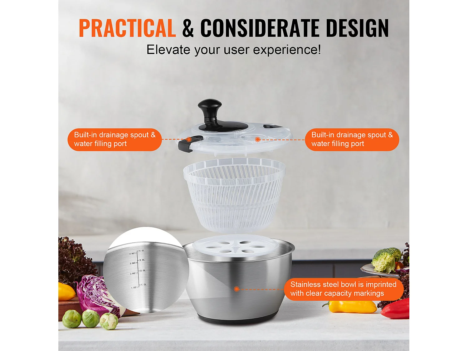 Essoreuse à Salade, SucceBuy Essoreuse à Salade en Acier Inoxydable 4,5 L, Séchoir à Légumes sans BPA