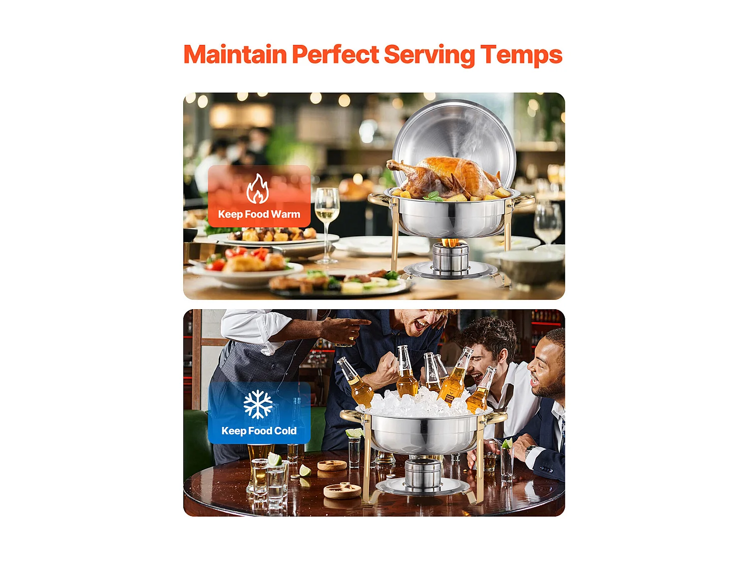 Chauffe-Plats SucceBuy Chauffe-Plat Buffet Rond Lot de 4 Pièces 4.7 L en Acier Inoxydable, avec 4 Bacs de Grande Capacité, Couvercle et Pince