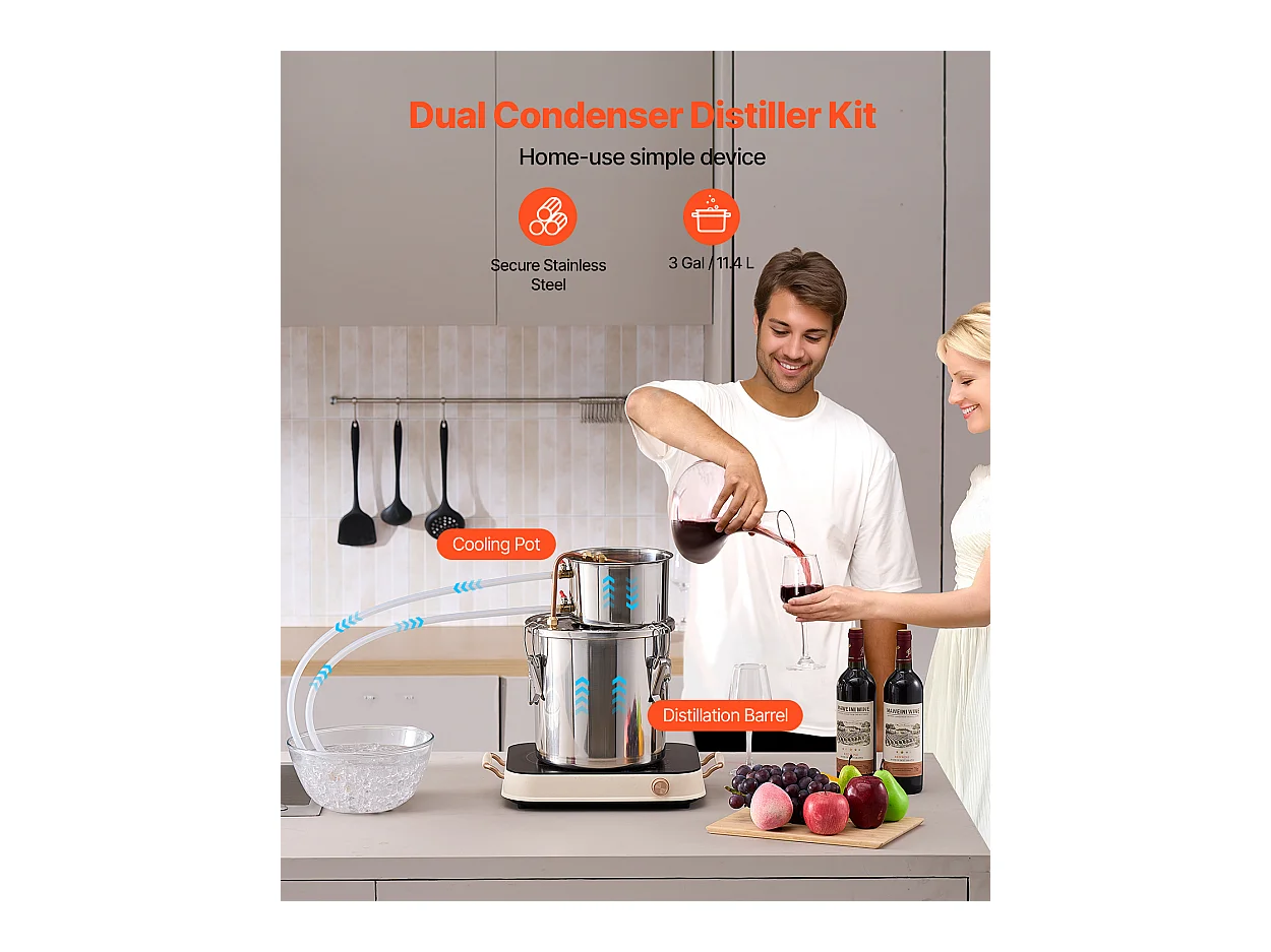 Distillateur d'Alcool SucceBuy, Alambic à Alcool, 11.4 L, Kit de Brassage en Acier Inoxydable, avec Serpentin en Cuivre