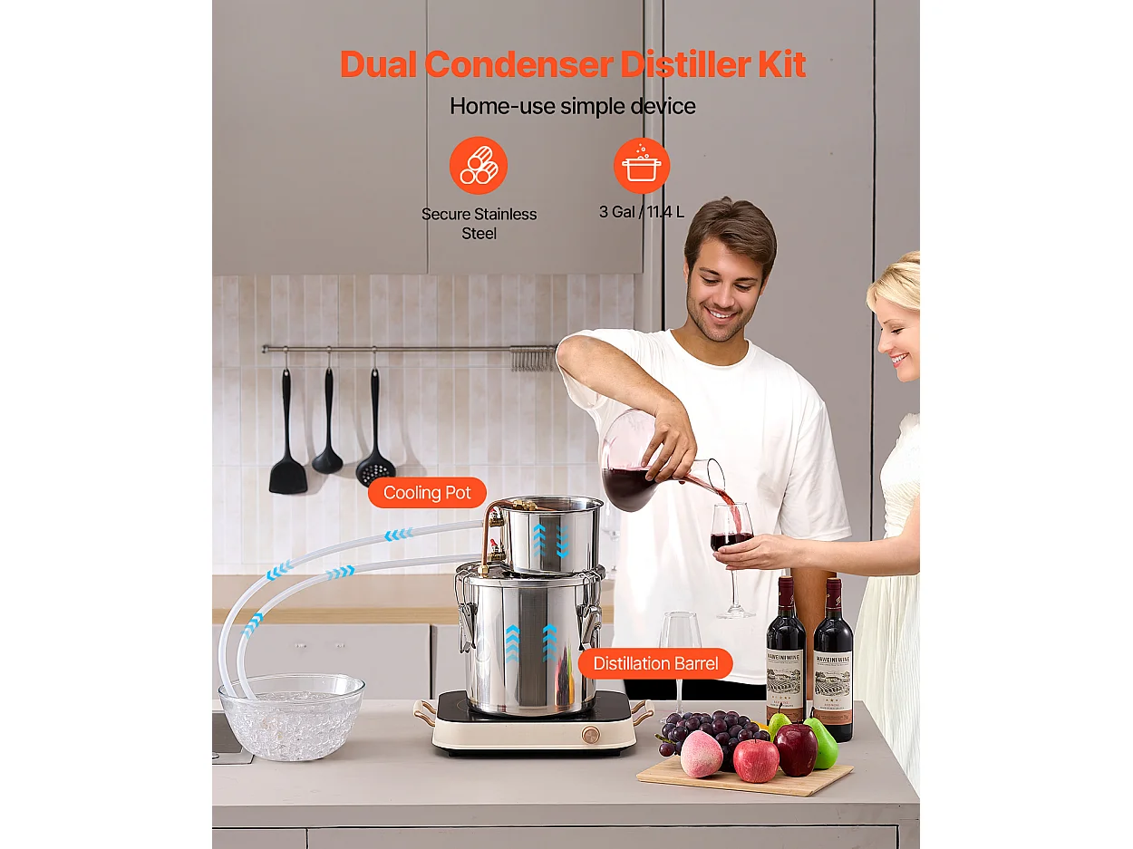Distillateur d'Alcool SucceBuy, Alambic à Alcool, 11.4 L, Kit de Brassage en Acier Inoxydable, avec Serpentin en Cuivre