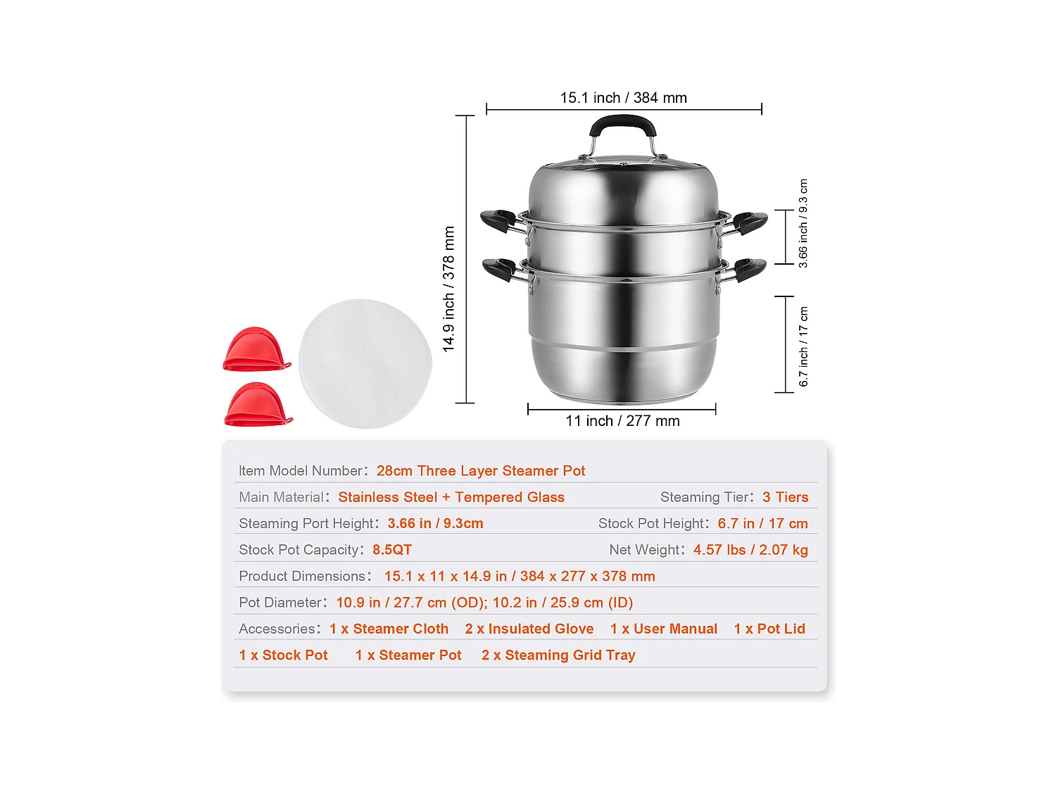 Cozinhador SucceBuy Panela a Vapor de 3 Níveis 28 cm, Panela de 8L com Cesto a Vapor para Legumes e 2 Tabuleiros - Cozinhar Saudável e Eficiente