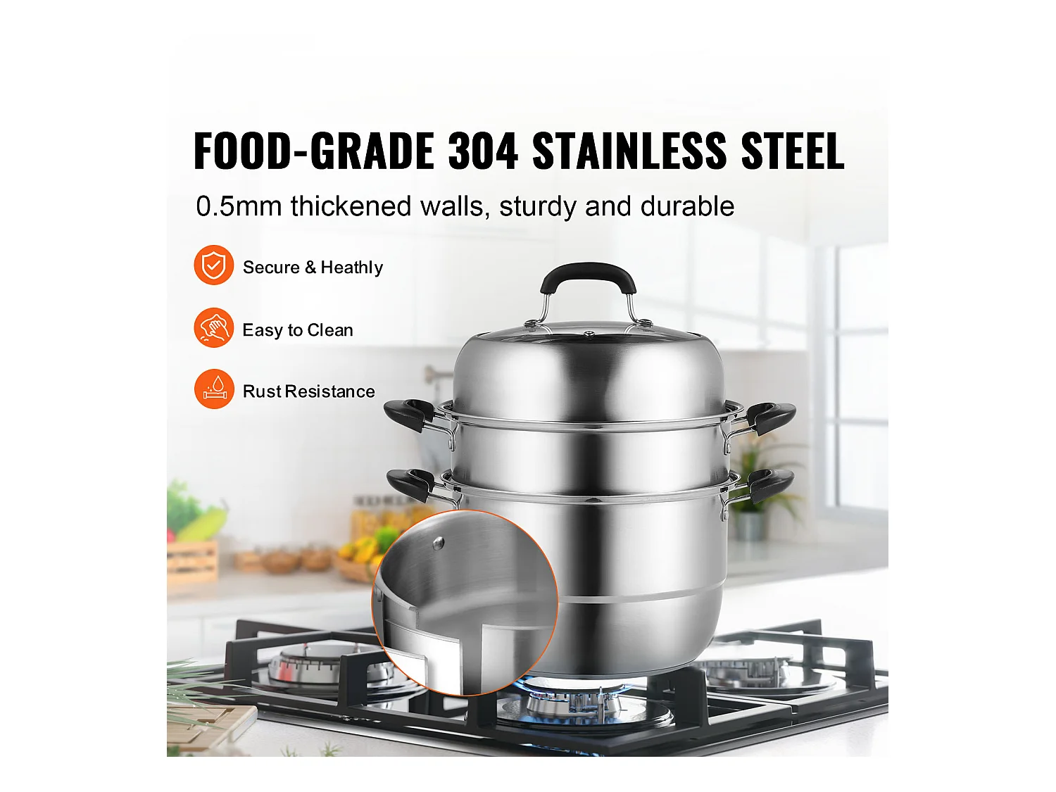 Cozinhador SucceBuy Panela a Vapor de 3 Níveis 28 cm, Panela de 8L com Cesto a Vapor para Legumes e 2 Tabuleiros - Cozinhar Saudável e Eficiente