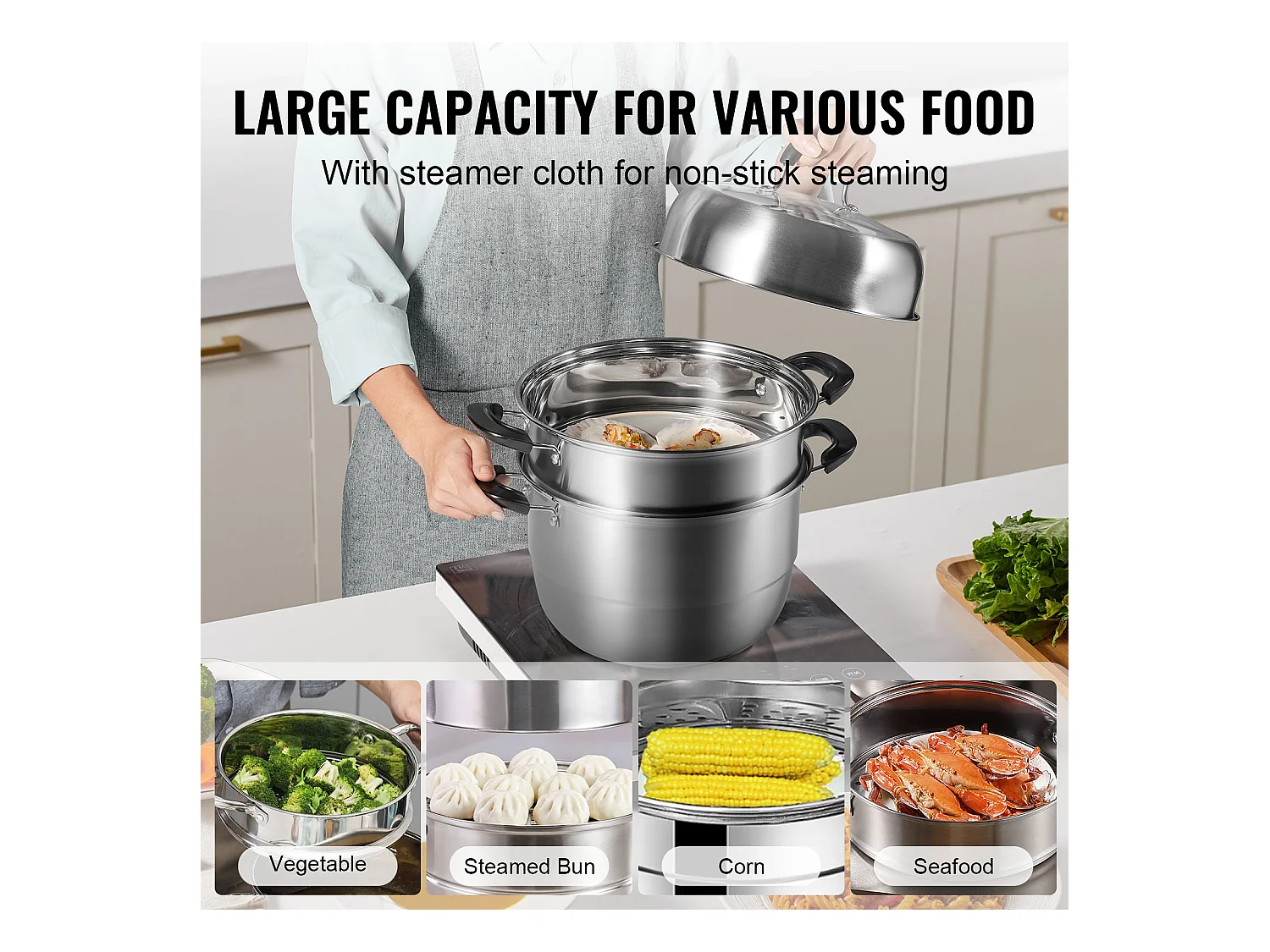 Cozinhador SucceBuy Panela a Vapor de 3 Níveis 28 cm, Panela de 8L com Cesto a Vapor para Legumes e 2 Tabuleiros - Cozinhar Saudável e Eficiente