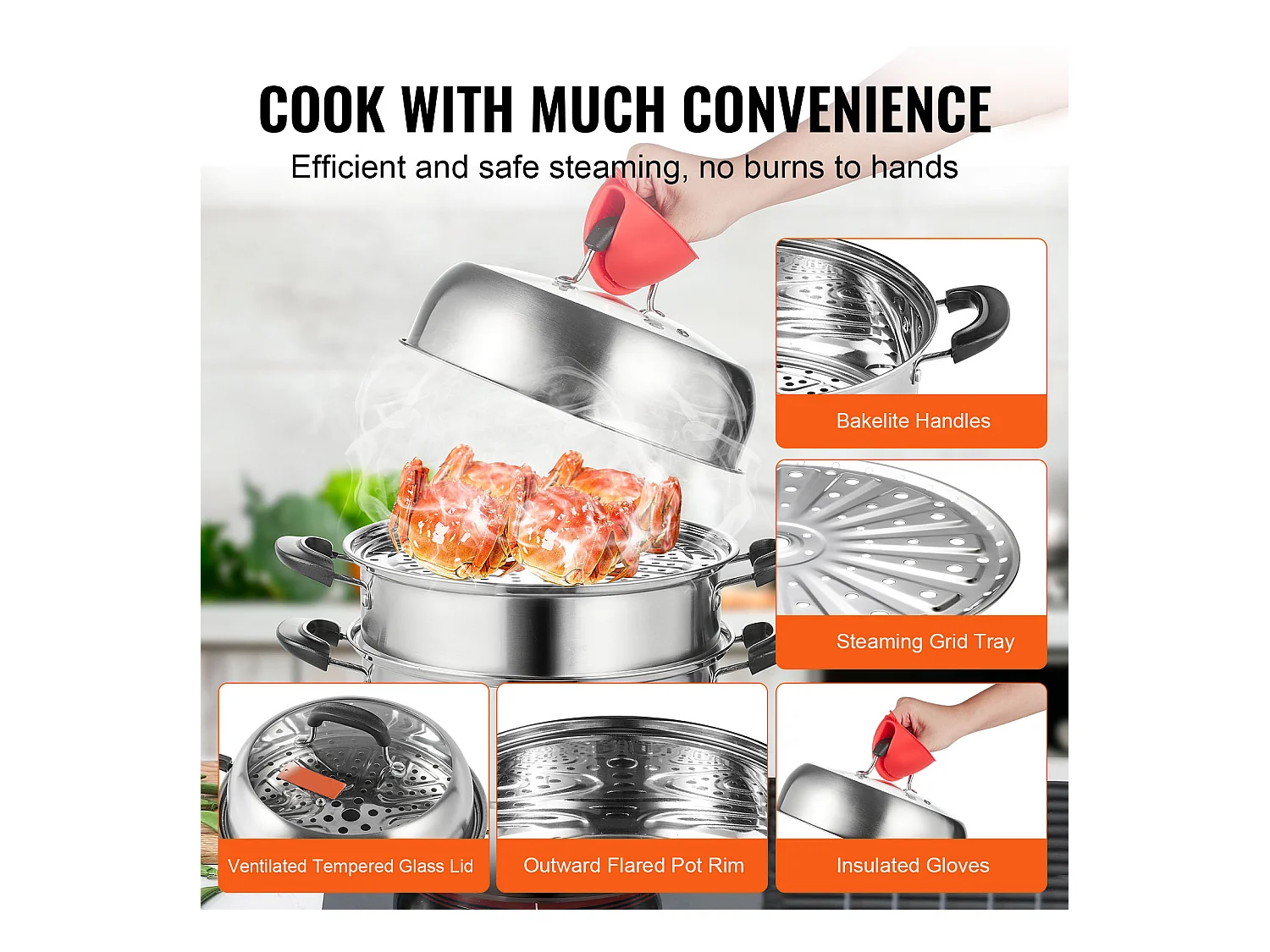 Cozinhador SucceBuy Panela a Vapor de 3 Níveis 28 cm, Panela de 8L com Cesto a Vapor para Legumes e 2 Tabuleiros - Cozinhar Saudável e Eficiente