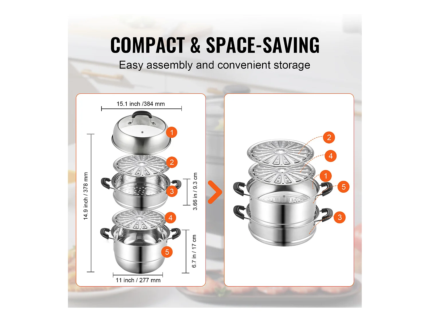 Cozinhador SucceBuy Panela a Vapor de 3 Níveis 28 cm, Panela de 8L com Cesto a Vapor para Legumes e 2 Tabuleiros - Cozinhar Saudável e Eficiente