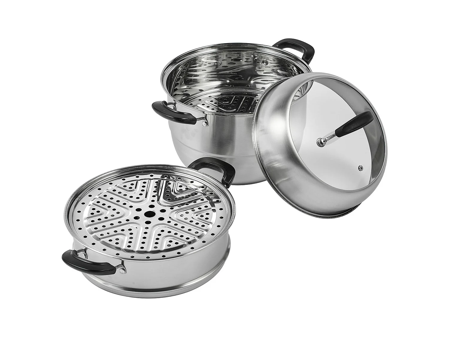 Cozinhador SucceBuy Panela a Vapor de 3 Níveis 28 cm, Panela de 8L com Cesto a Vapor para Legumes e 2 Tabuleiros - Cozinhar Saudável e Eficiente