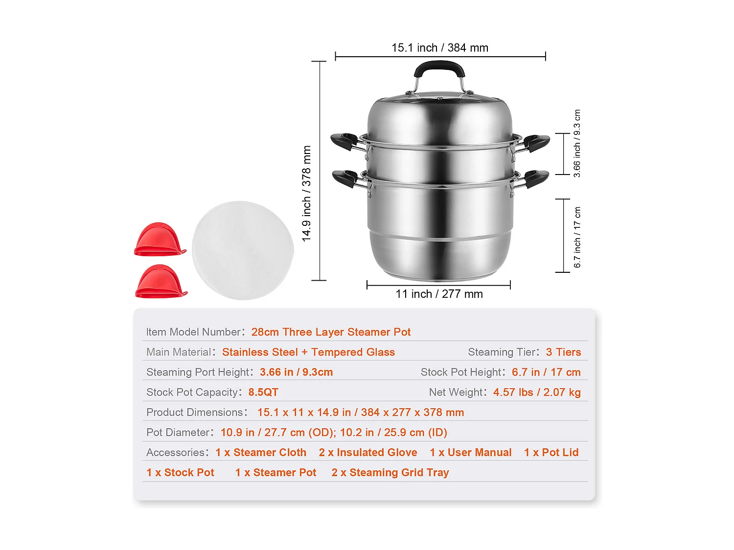 Dampfgarer SucceBuy Dampfgarer-Topf mit 3 Ebenen 28 cm, 8L Topf mit Dampfeinsatz für Gemüse und 2 Tabletts - Gesundes und Effizientes Kochen