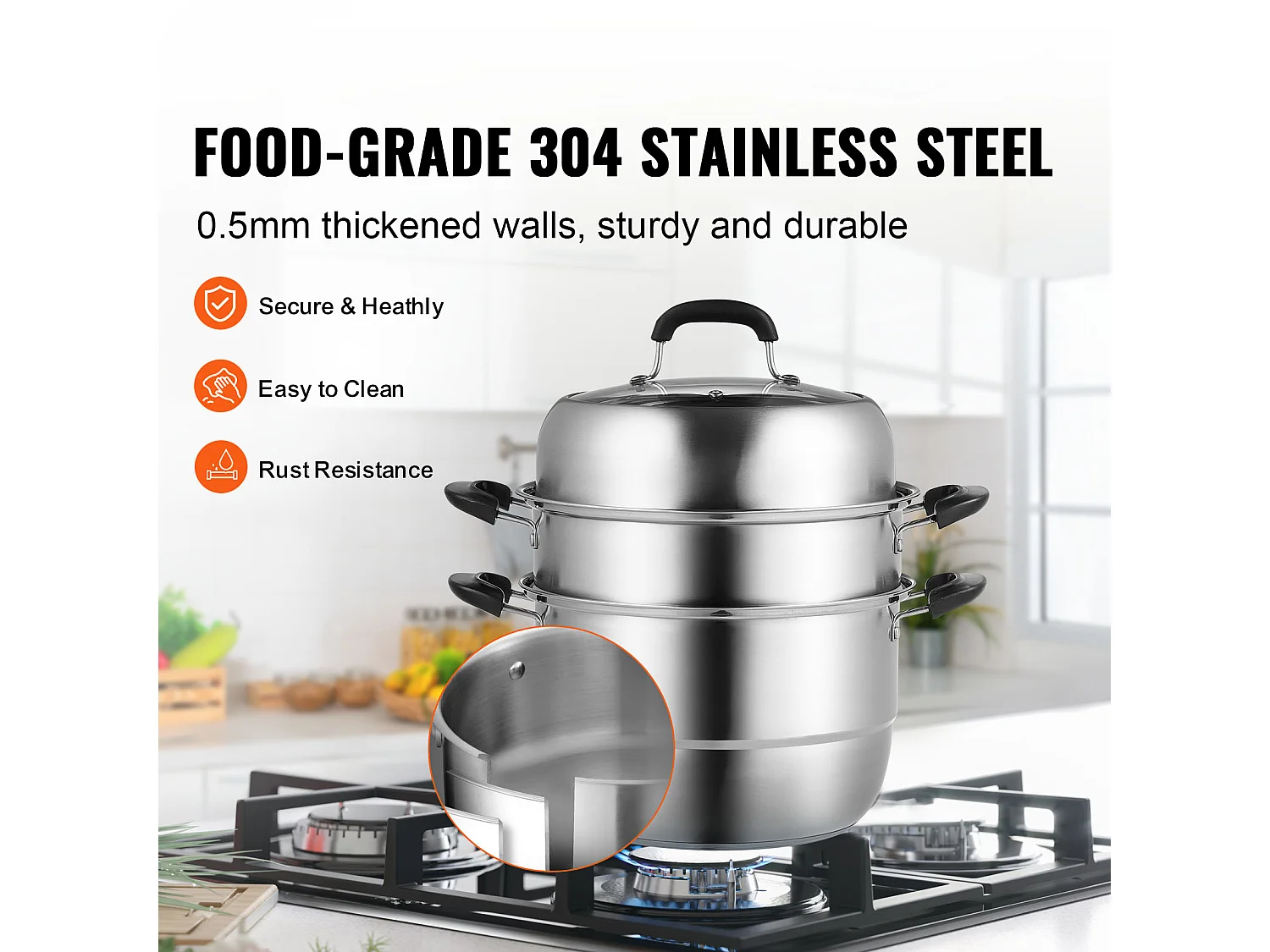 Dampfgarer SucceBuy Dampfgarer-Topf mit 3 Ebenen 28 cm, 8L Topf mit Dampfeinsatz für Gemüse und 2 Tabletts - Gesundes und Effizientes Kochen