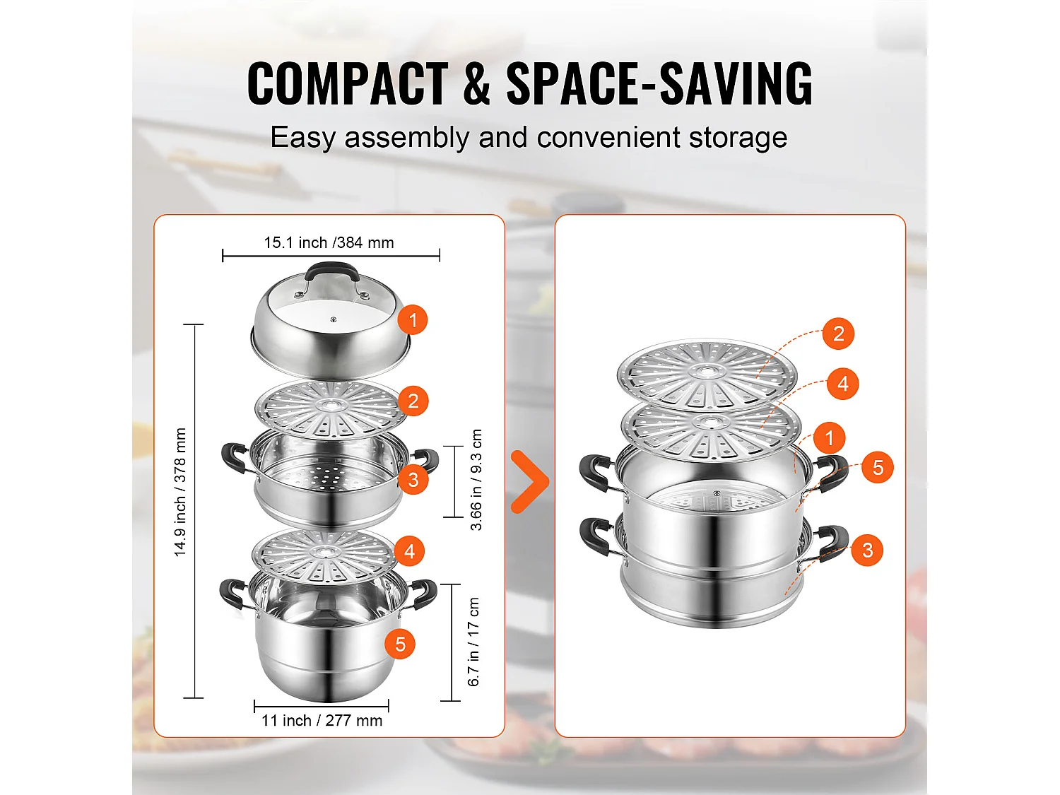 Dampfgarer SucceBuy Dampfgarer-Topf mit 3 Ebenen 28 cm, 8L Topf mit Dampfeinsatz für Gemüse und 2 Tabletts - Gesundes und Effizientes Kochen
