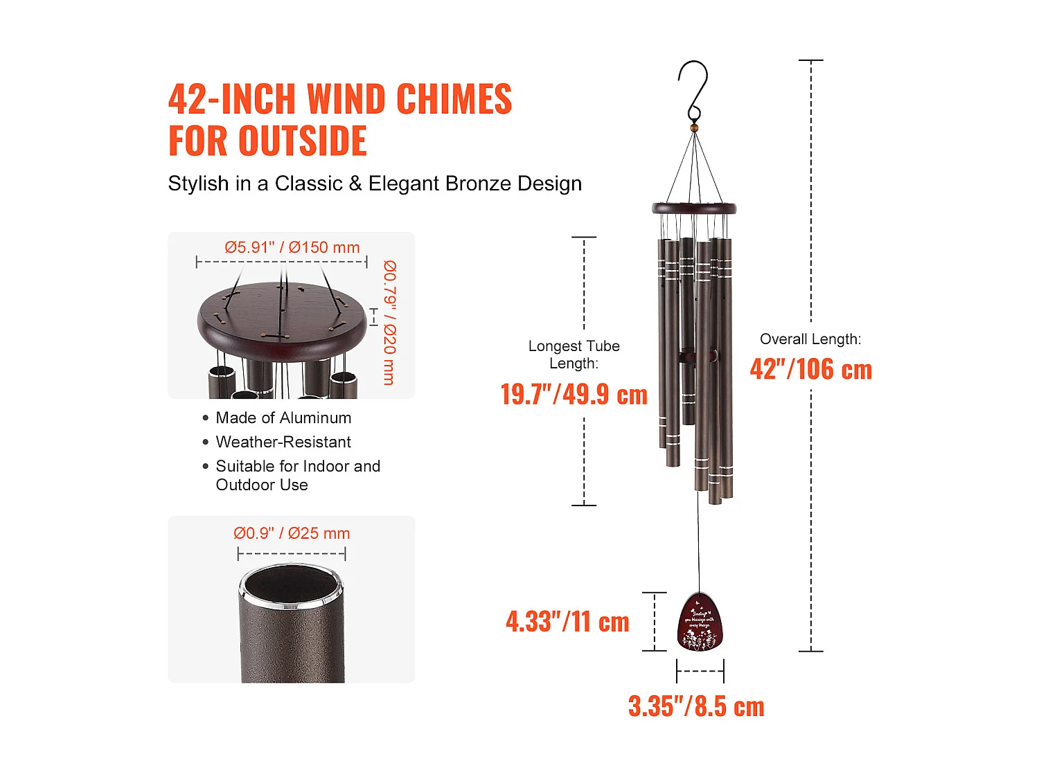 Aluminium Windgong SucceBuy, 1067 mm, voor buiten, Herdenkingsontwerp in diepe tinten