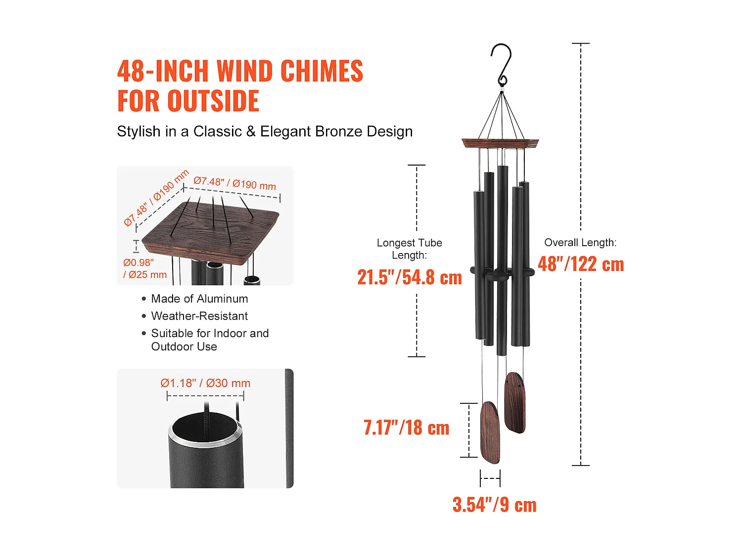 Carillon à Vent en Aluminium SucceBuy, 1220 mm, pour l'Extérieur, Design Commémoratif aux Tons Profonds
