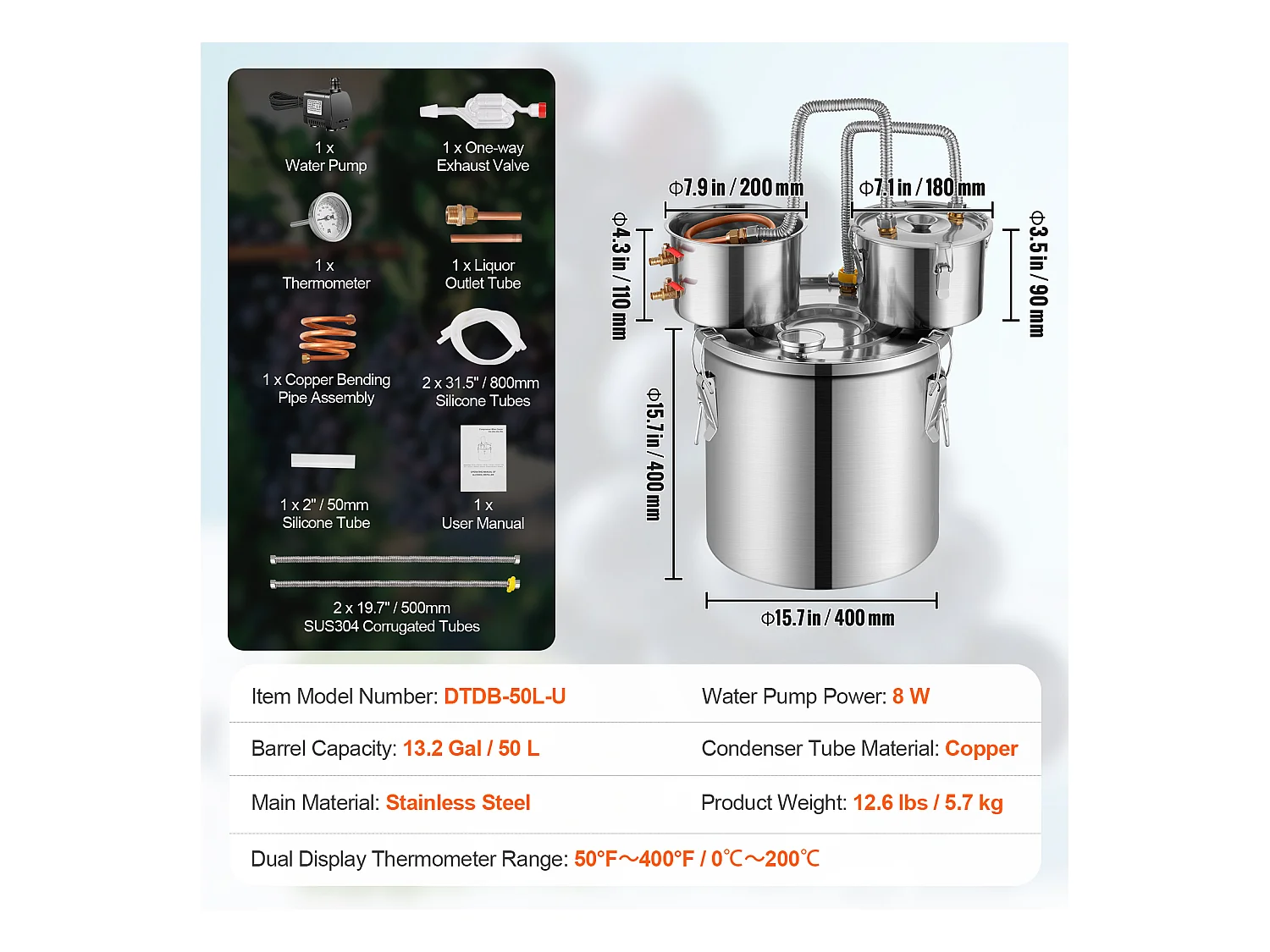 Distillateur d'Alcool SucceBuy, Alambic à Alcool en Acier Inoxydable, Kit de Distillateur à Double Condensateur, 50 L