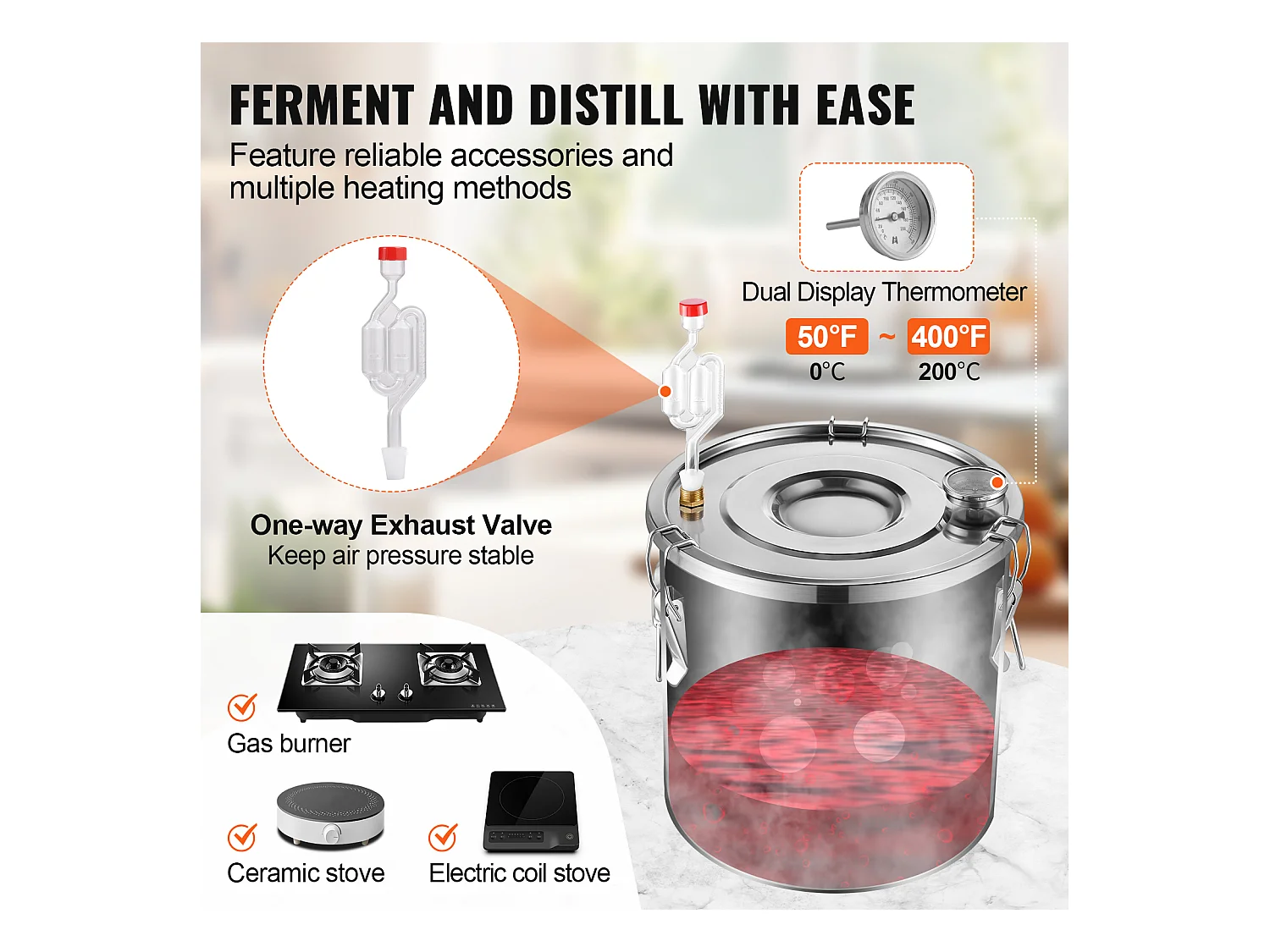 Distillateur d'Alcool SucceBuy, Alambic à Alcool en Acier Inoxydable, Kit de Distillateur à Double Condensateur, 50 L