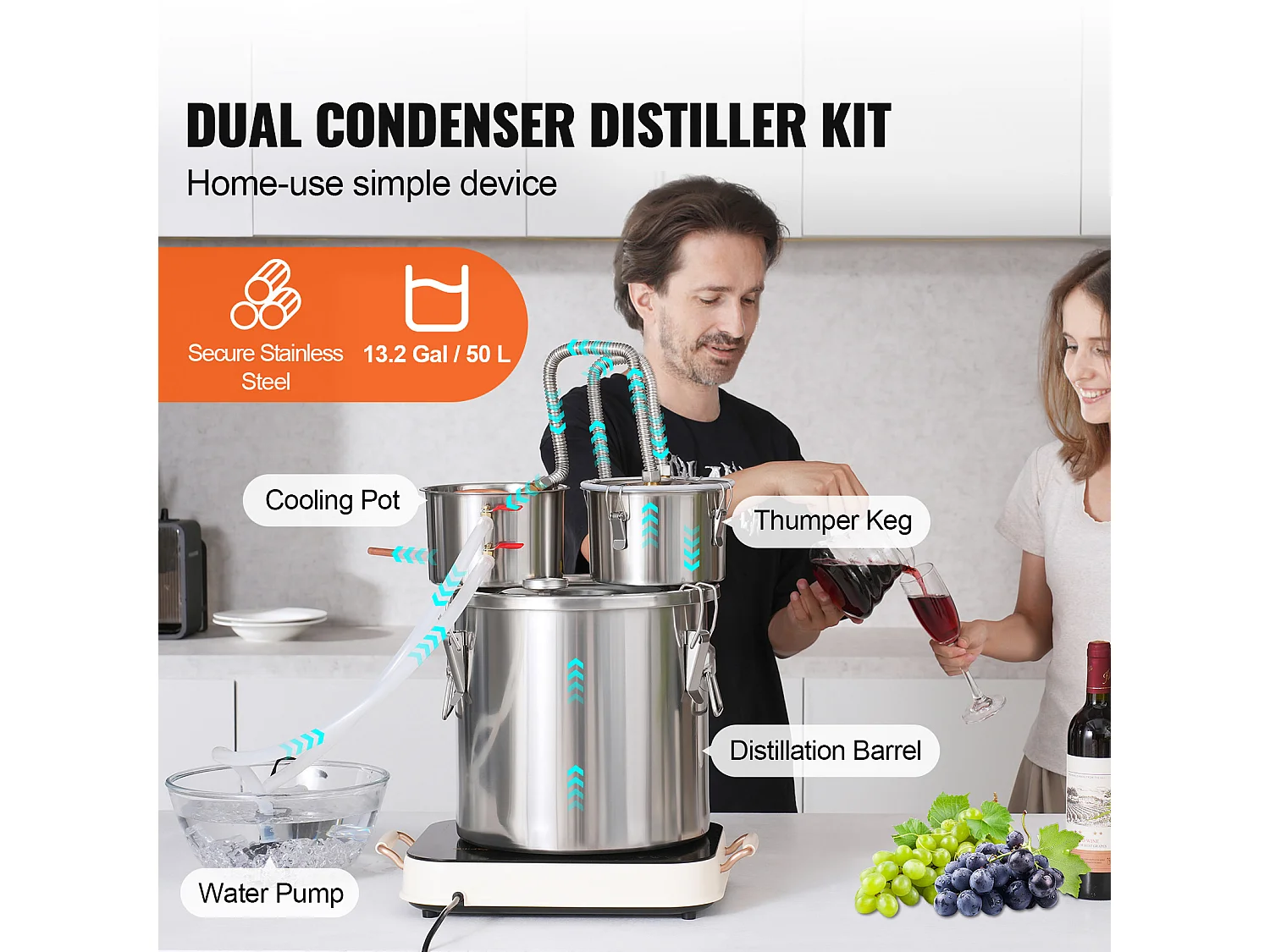 Distillateur d'Alcool SucceBuy, Alambic à Alcool en Acier Inoxydable, Kit de Distillateur à Double Condensateur, 50 L