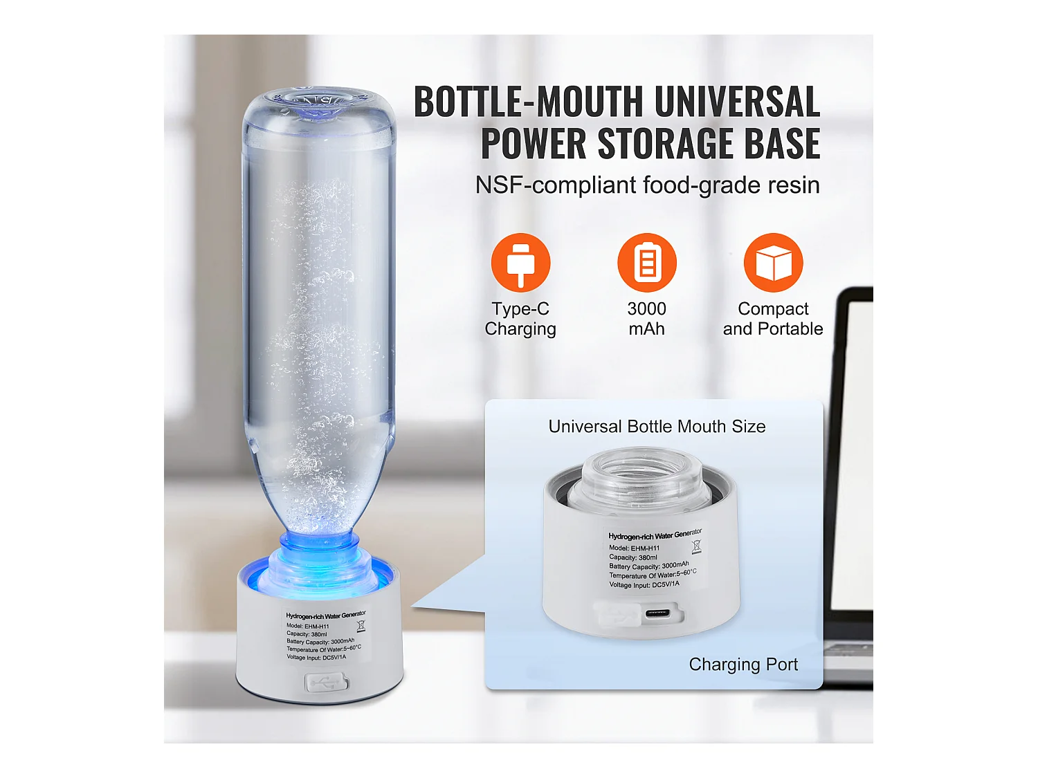 Gobelet à Eau Hydrogène SucceBuy 380 ml, Inhalation Nasale, Nettoyage Automatique Fonction