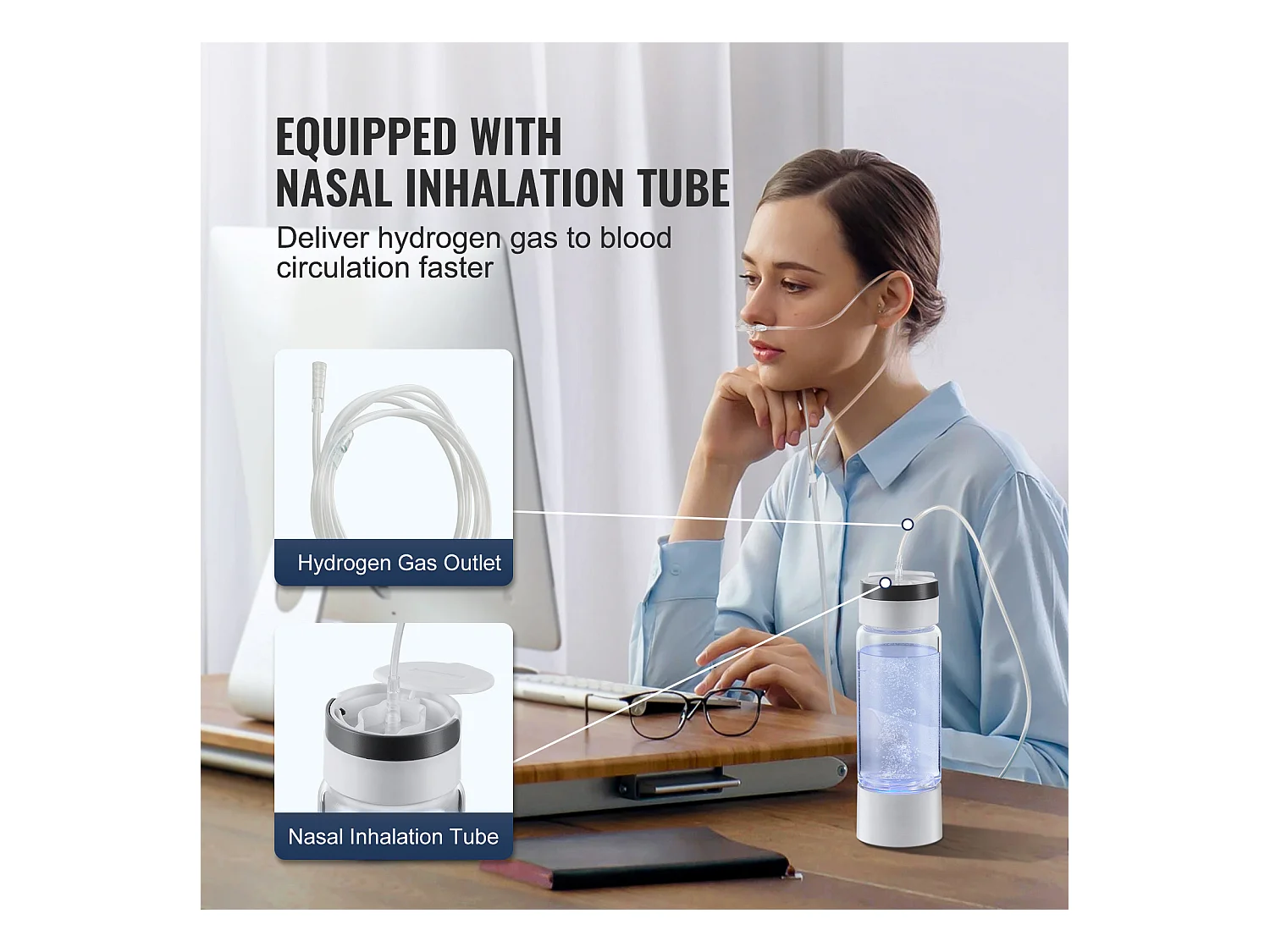 Gobelet à Eau Hydrogène SucceBuy 380 ml, Inhalation Nasale, Nettoyage Automatique Fonction