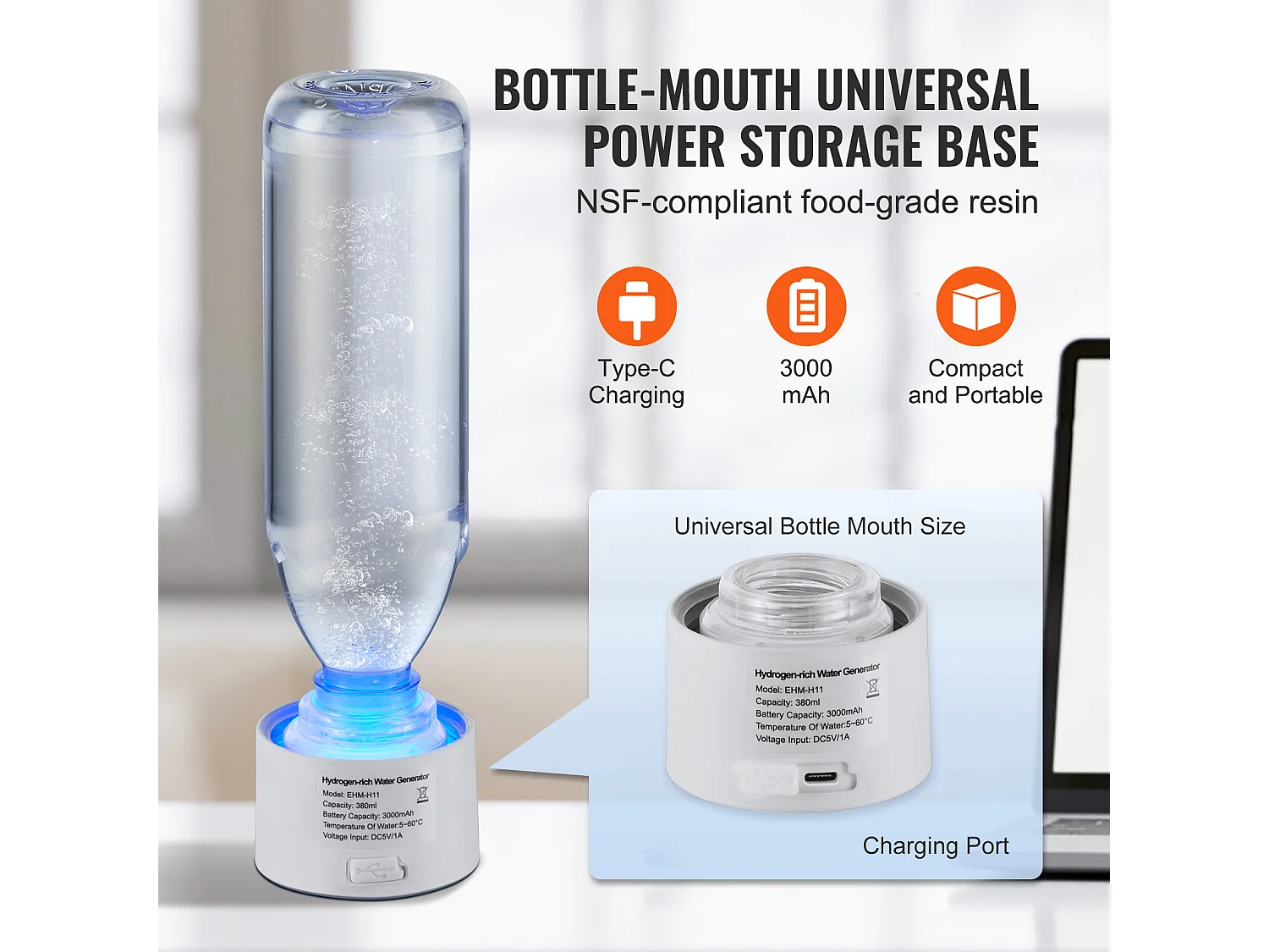 Gobelet à Eau Hydrogène SucceBuy 380 ml, Inhalation Nasale, Nettoyage Automatique Fonction