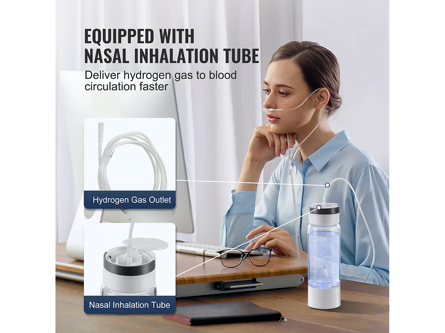 Gobelet à Eau Hydrogène SucceBuy 380 ml, Inhalation Nasale, Nettoyage Automatique Fonction