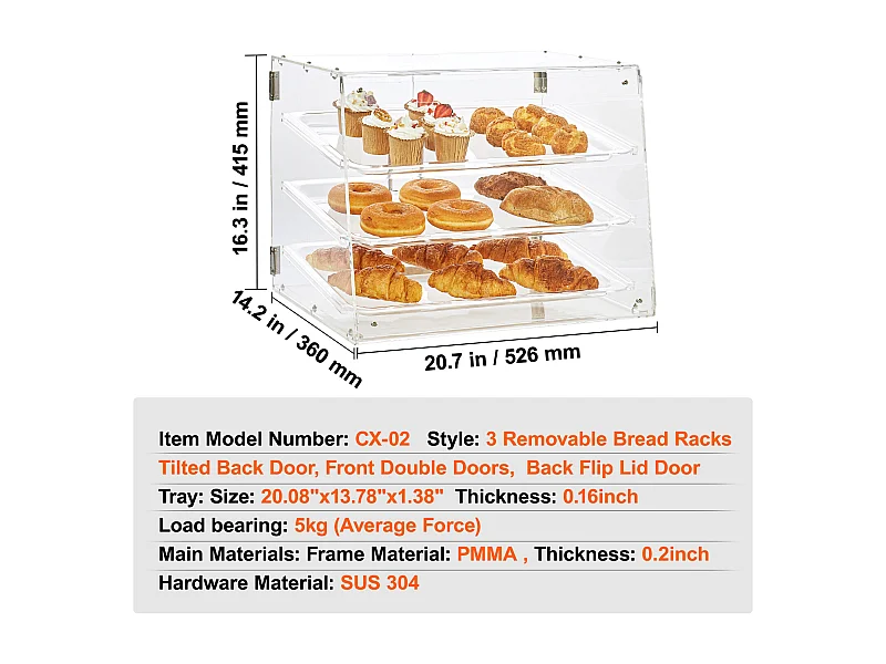 Bäckervitrine SucceBuy aus Acryl mit 3 Ebenen, Ladentheke-Vitrine für Kekse und Donuts, Hintertür
