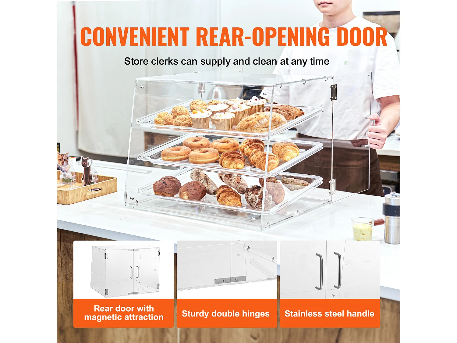 Vitrine SucceBuy de Boulangerie en Acrylique à 3 Niveaux, Vitrine de Comptoir pour Pâtisseries et Beignets, Porte Arrière